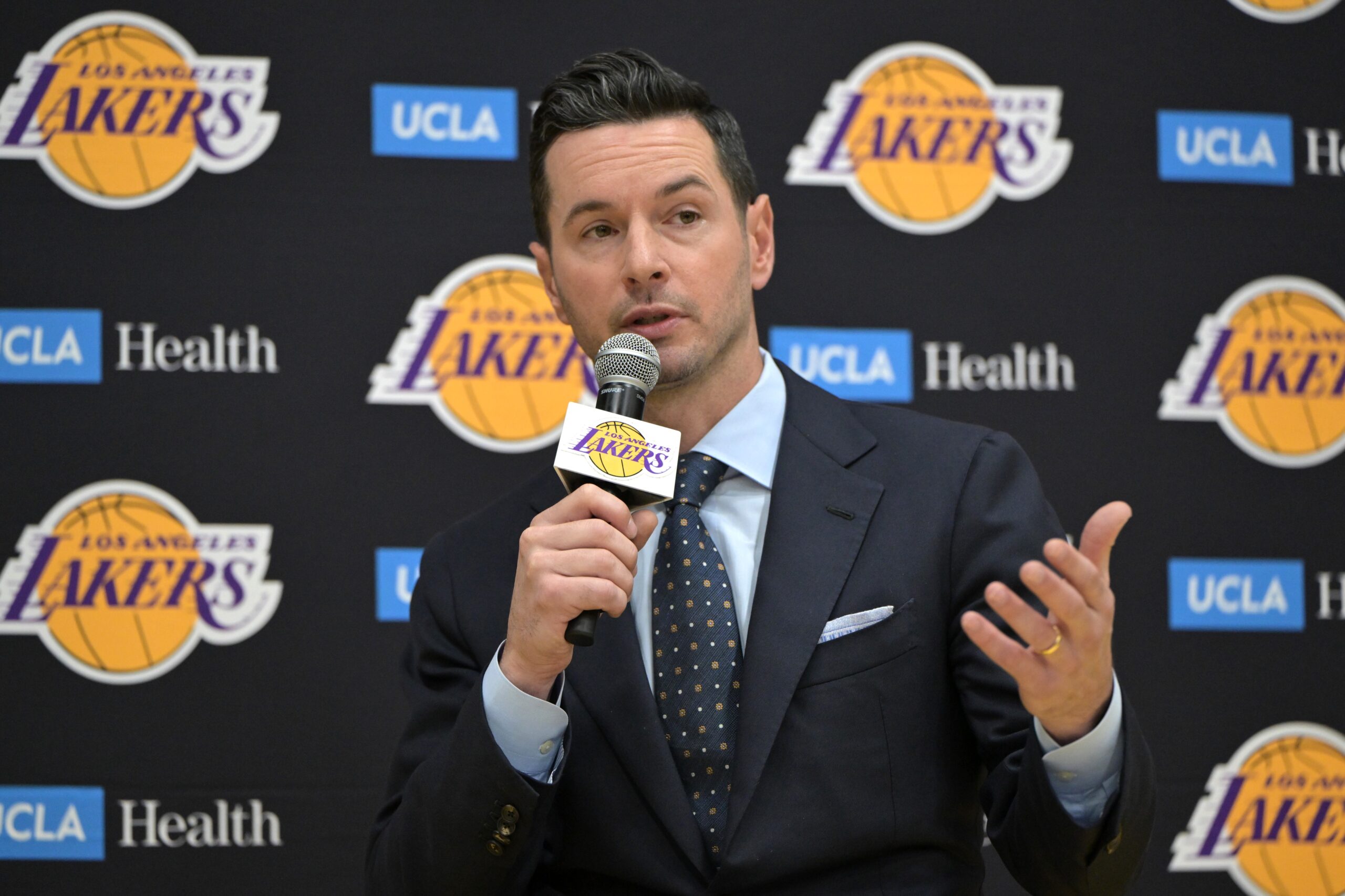 Jun 24, 2024; El Segundo, CA, USA; The Los Angeles Lakers head coach JJ Redick speaks to the media during an introductory news conference at the UCLA Health Training Center. Mandatory Credit: Jayne Kamin-Oncea-USA TODAY Sports