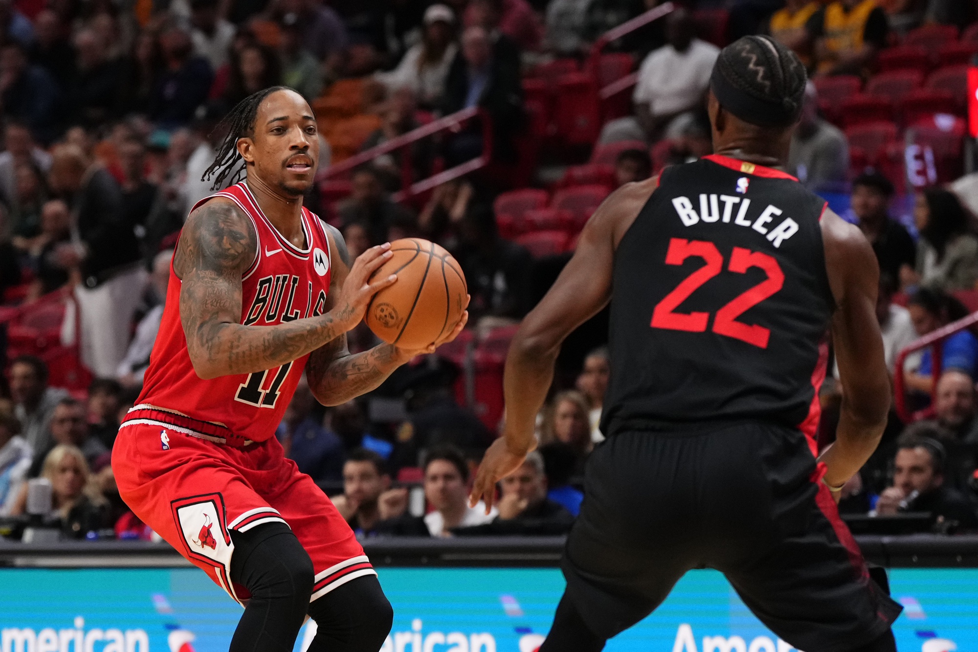 Chicago Bulls forward DeMar DeRozan guarded by Miami Heat forward Jimmy Butler