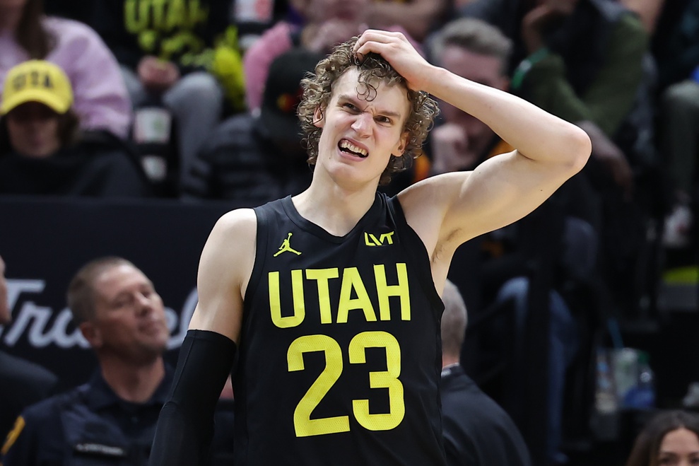 Mar 27, 2024; Salt Lake City, Utah, USA; Utah Jazz forward Lauri Markkanen (23) reacts to a play against the San Antonio Spurs during the fourth quarter at Delta Center. Mandatory Credit: Rob Gray-USA TODAY Sports