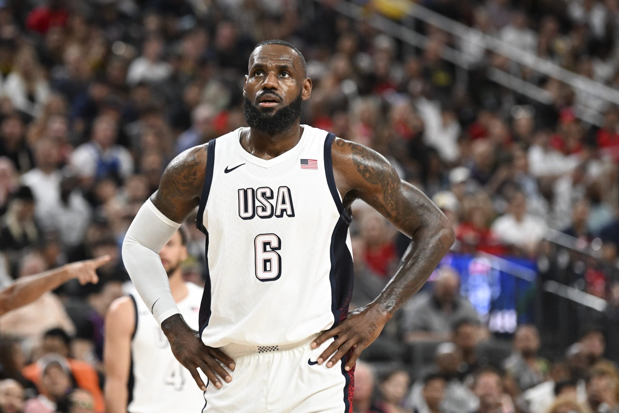 Jul 10, 2024; Las Vegas, Nevada, USA; USA forward Lebron James (6) looks on during the third quarter against Canada in the USA Basketball Showcase at T-Mobile Arena. Mandatory Credit: Candice Ward-USA TODAY Sports