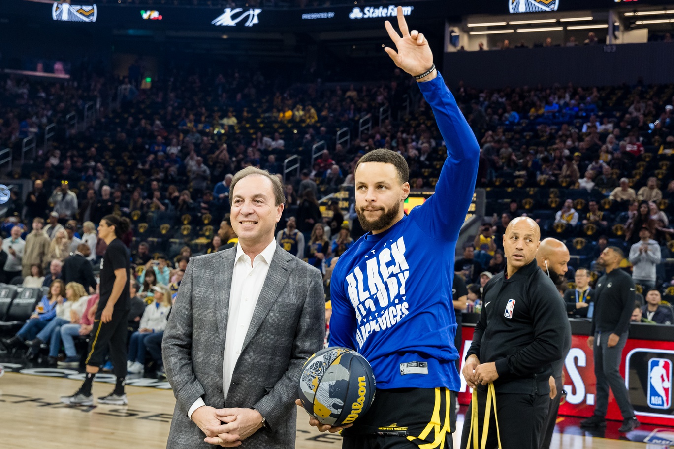 Golden State Warriors CEO Joe Lacob and guard Stephen Curry