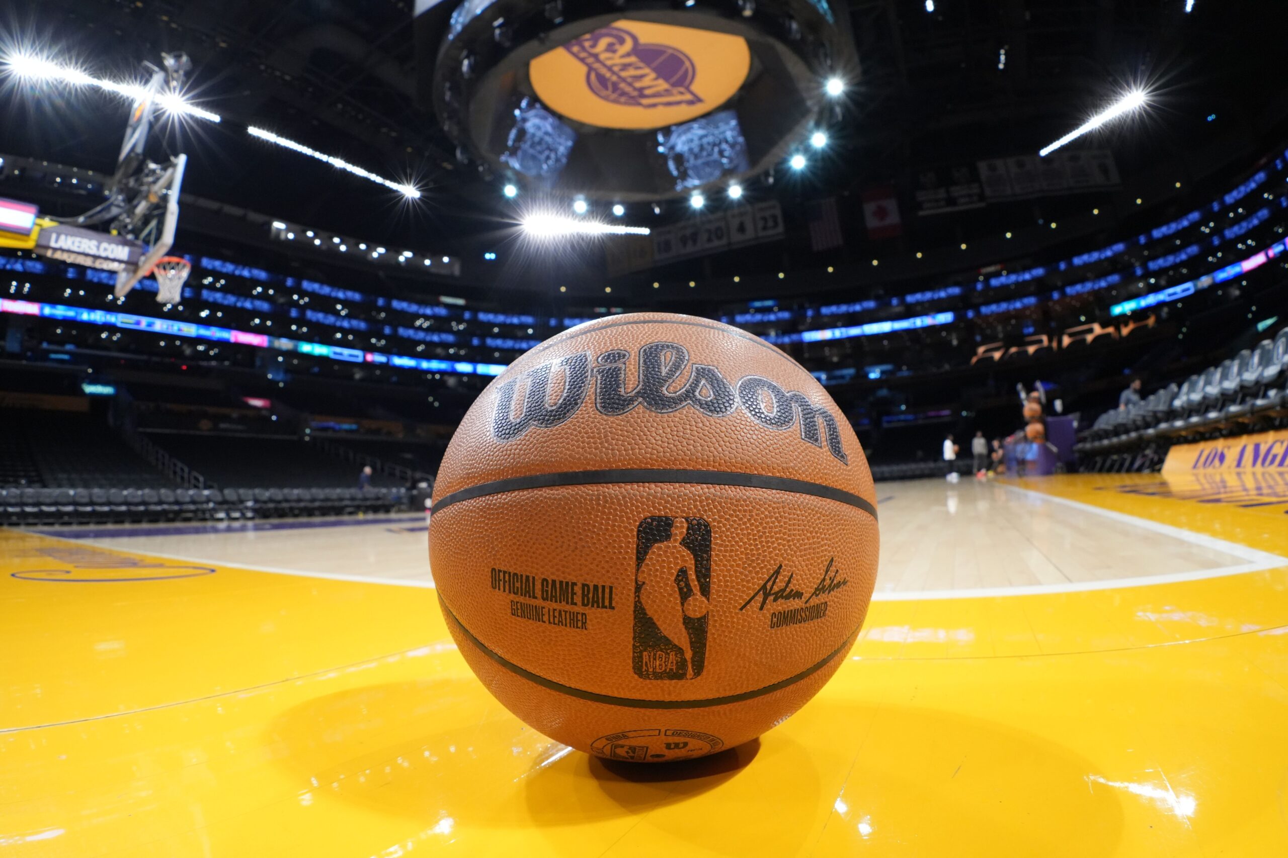 Apr 9, 2024; Los Angeles, California, USA; A Wilson official NBA game ball on the court at Crypto.com Arena. Mandatory Credit: Kirby Lee-USA TODAY Sports