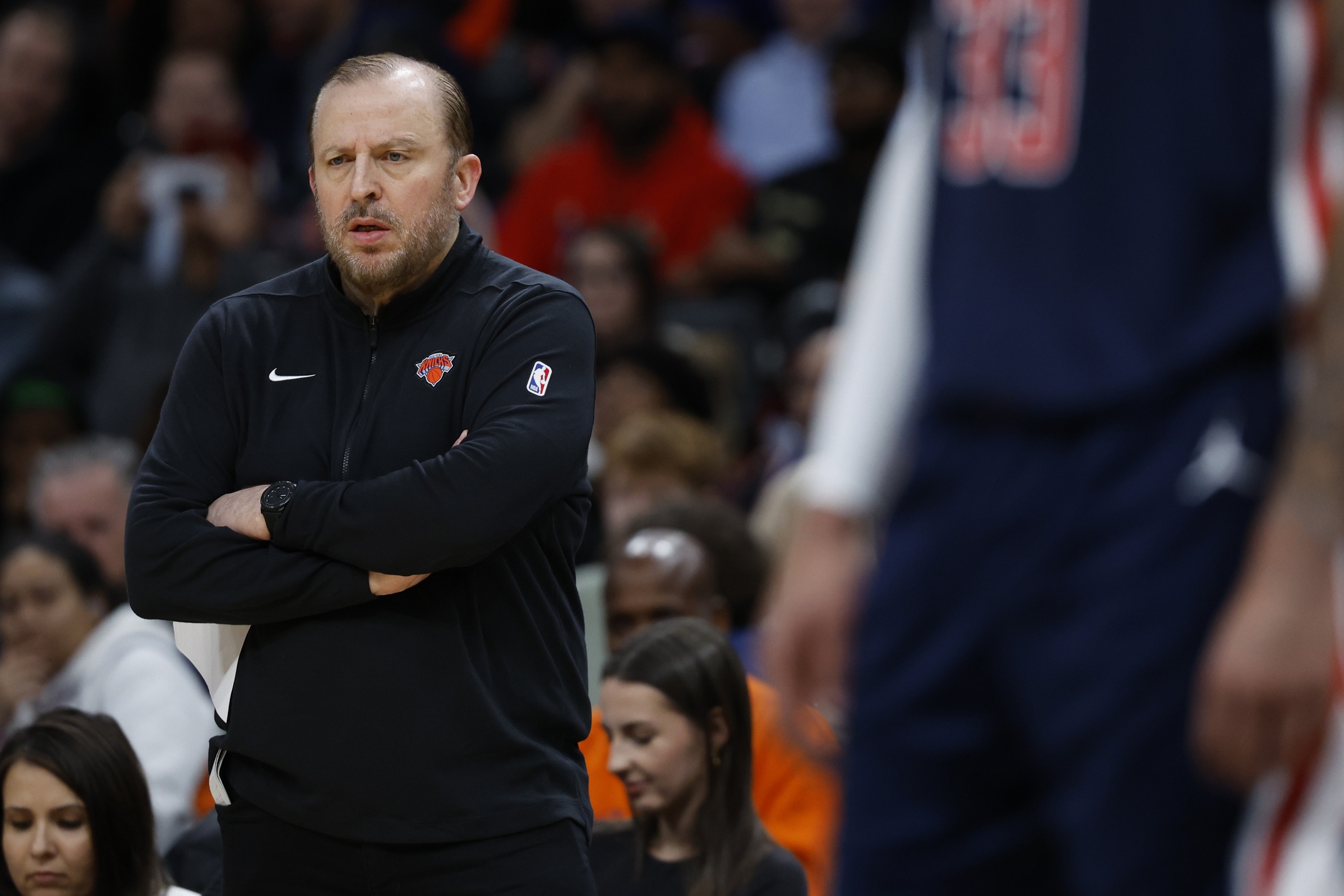 New York Knicks head coach Tom Thibodeau looks on from the bench against the Washington Wizards in the third quarter at Capital One Arena.