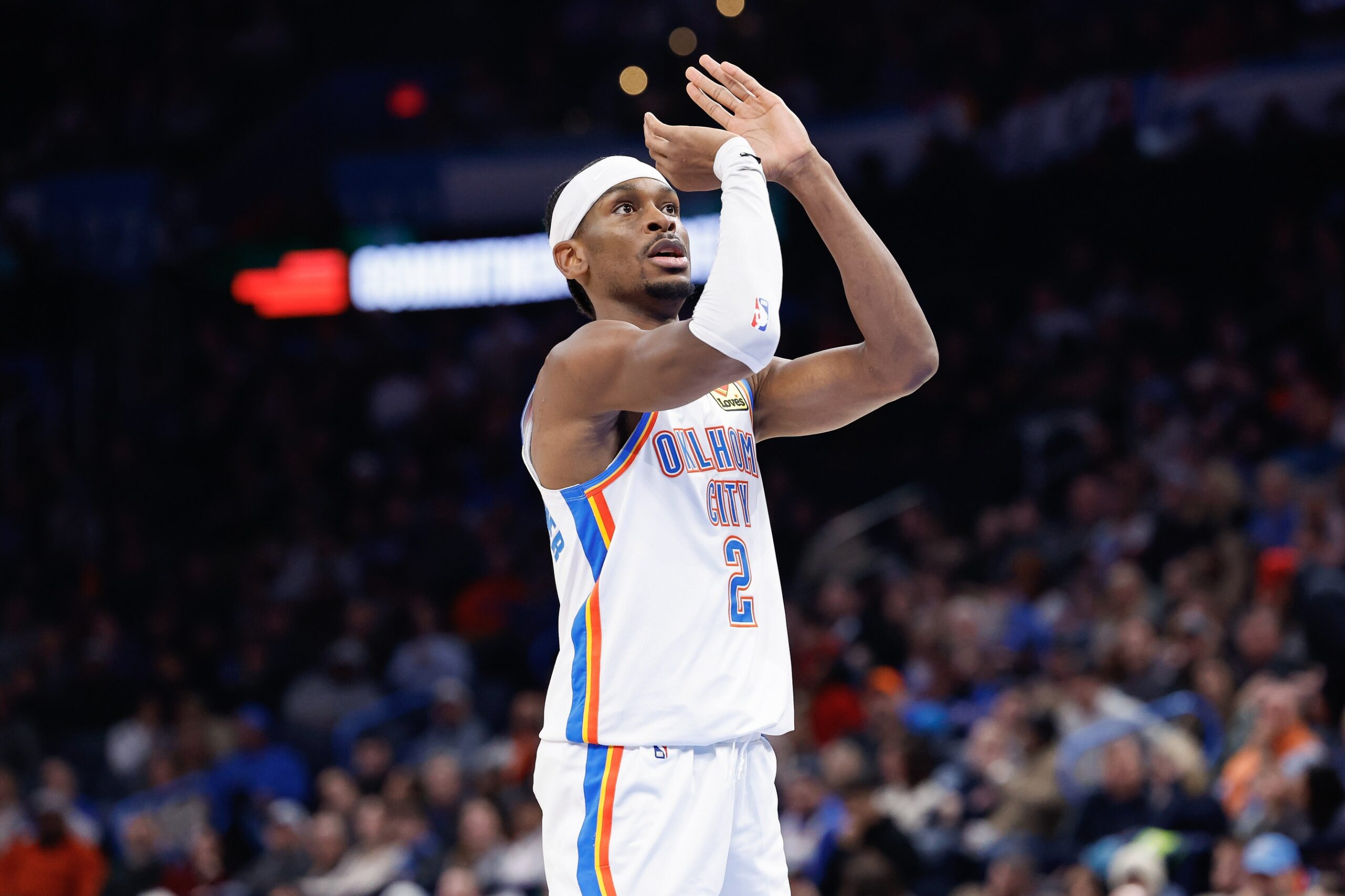 Jan 13, 2024; Oklahoma City, Oklahoma, USA; Oklahoma City Thunder guard Shai Gilgeous-Alexander (2) prepares to shoot a free throw during the second half against the Orlando Magic at Paycom Center. Mandatory Credit: Alonzo Adams-USA TODAY Sports