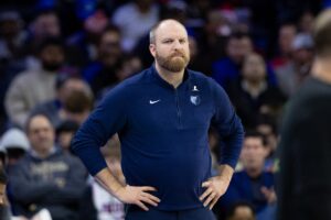 Memphis Grizzlies head coach Taylor Jenkins looks on during the second quarter against the Philadelphia 76ers at Wells Fargo Center.