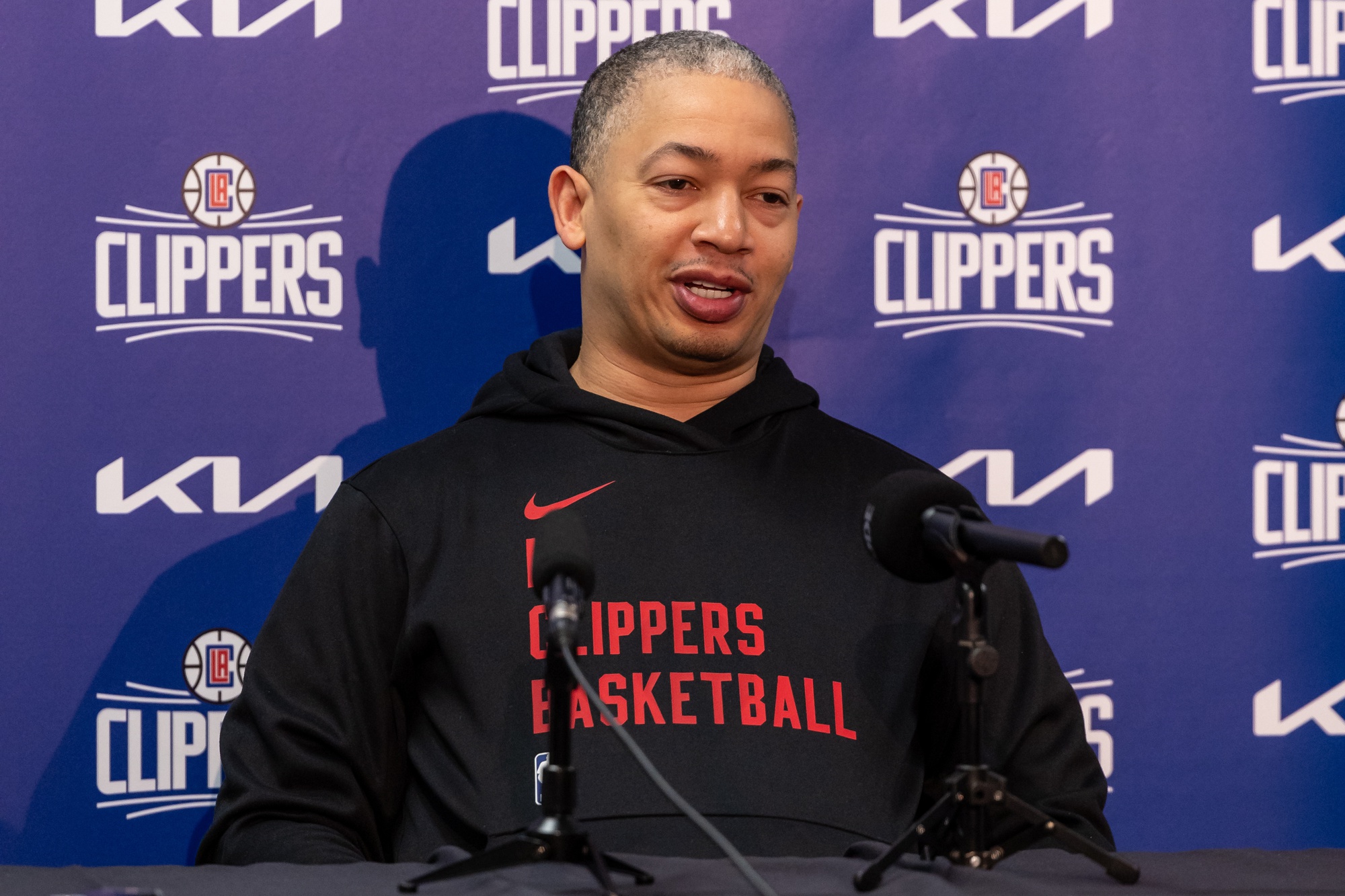 Mar 15, 2024; New Orleans, Louisiana, USA; LA Clippers head coach Tyronn Lue talks to the media before the game against the New Orleans Pelicans at Smoothie King Center. Mandatory Credit: Stephen Lew-USA TODAY Sports