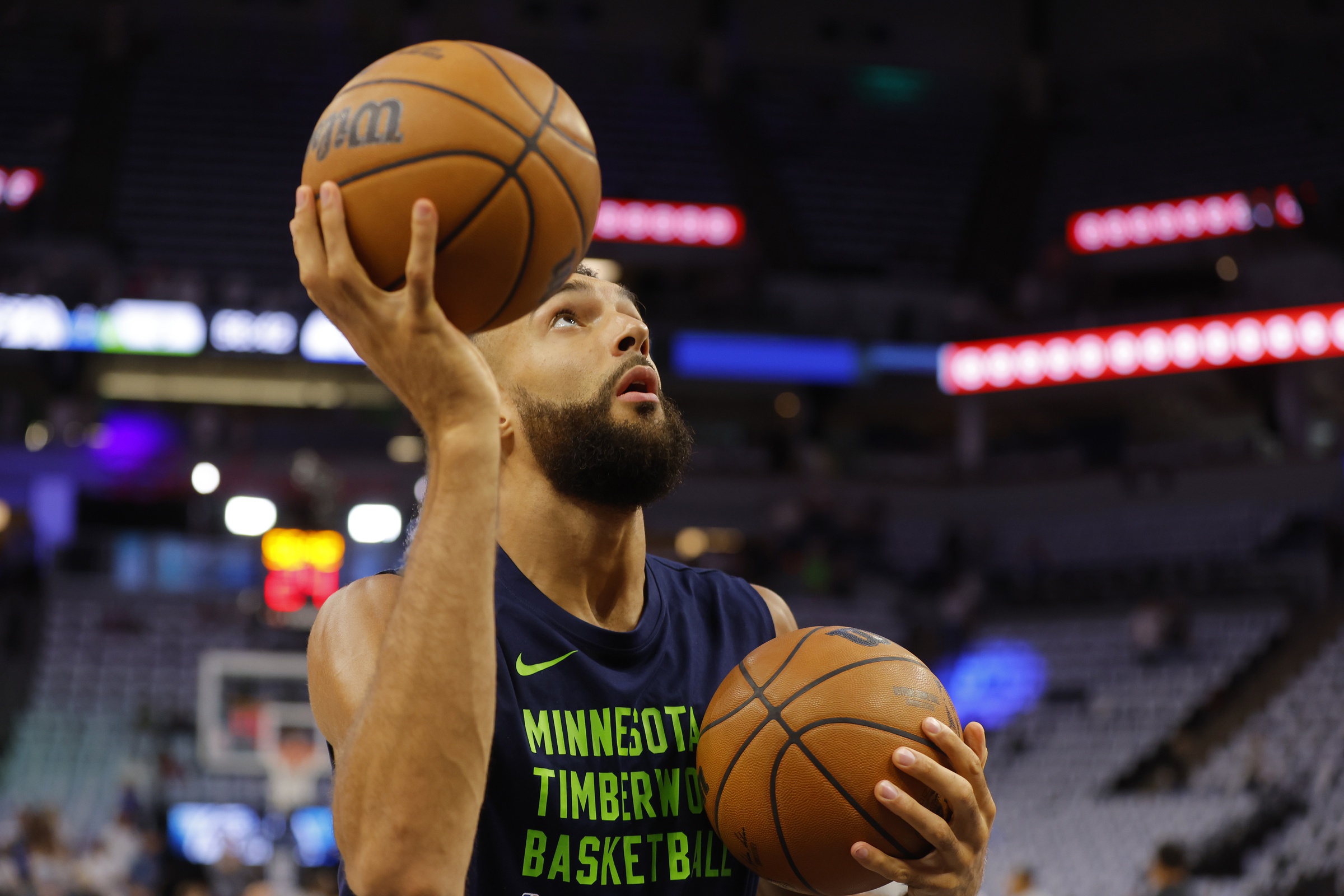 May 30, 2024; Minneapolis, Minnesota, USA; Minnesota Timberwolves center Rudy Gobert (27) warms up before game five of the western conference finals for the 2024 NBA playoffs against the Dallas Mavericks at Target Center. Mandatory Credit: Bruce Kluckhohn-USA TODAY Sports