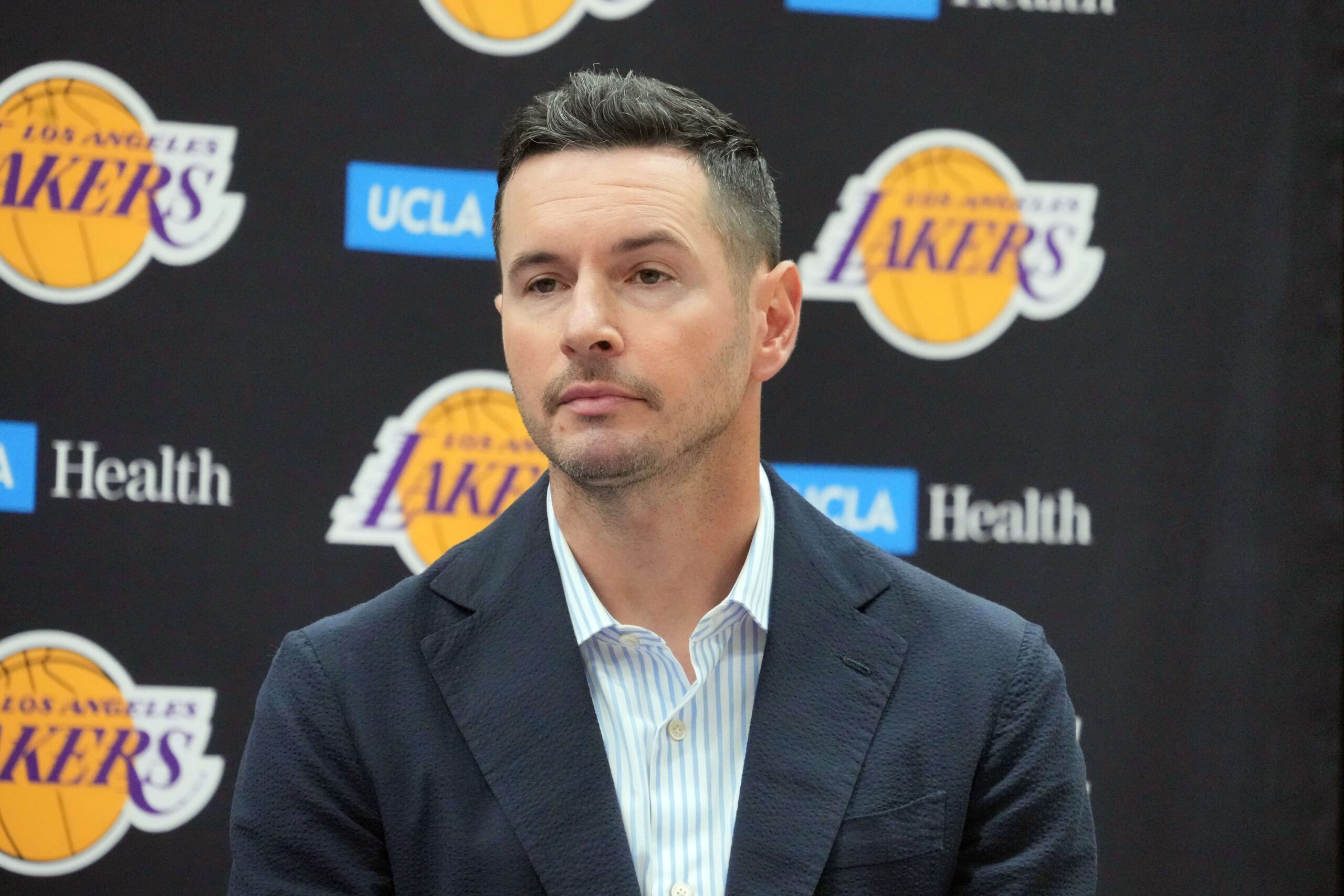 Jul 2, 2024; El Segundo, CA, USA; Los Angeles Lakers coach JJ Redick at a press conference at the UCLA Health Training Center. Mandatory Credit: Kirby Lee-USA TODAY Sports