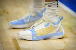 Jan 3, 2022; Dallas, Texas, USA; A view of the sneaker shoes of Denver Nuggets forward Aaron Gordon (50) during the game between the Dallas Mavericks and the Denver Nuggets at the American Airlines Center. Mandatory Credit: Jerome Miron-USA TODAY Sports