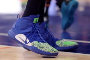 Oct 14, 2023; New York, New York, USA; Sneakers worn by Minnesota Timberwolves center Karl-Anthony Towns (32) during the third quarter against the New York Knicks at Madison Square Garden. Mandatory Credit: Brad Penner-USA TODAY Sports