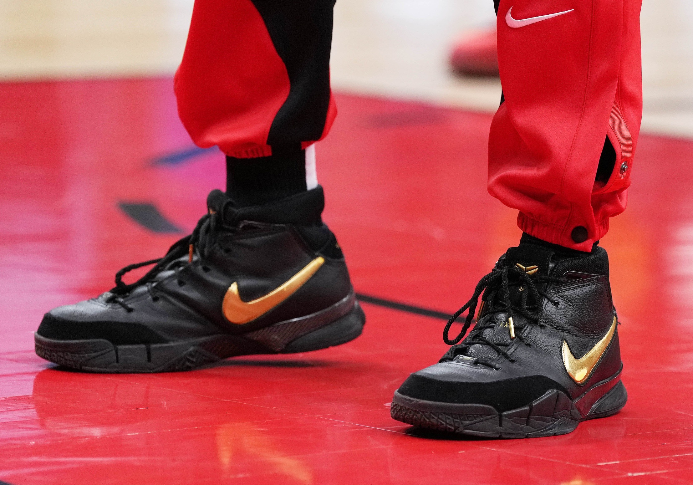 Feb 10, 2024; Toronto, Ontario, CAN; A general view of the basketball shoes of Toronto Raptors guard Justise Winslow (12) during the pregame warmup against the Cleveland Cavaliers at Scotiabank Arena. Mandatory Credit: Nick Turchiaro-USA TODAY Sports