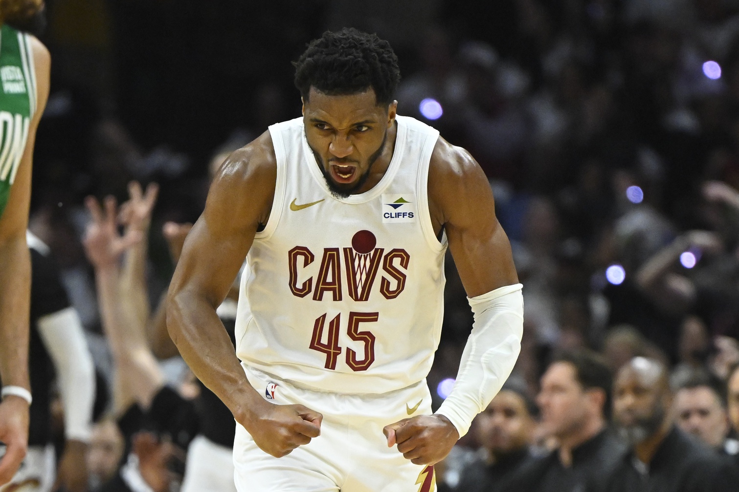 Cleveland Cavaliers guard Donovan Mitchell (45) reacts in the second quarter of game three of the second round of the 2024 NBA playoffs against the Boston Celtics at Rocket Mortgage FieldHouse.