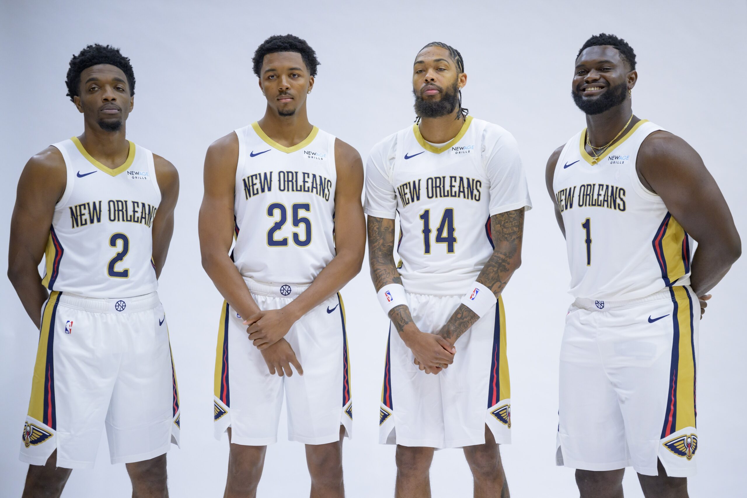 Sep 30, 2024; New Orleans, LA, USA; New Orleans Pelicans guard/forward Herb Jones (2), guard/forward Trey Murphy III (25), forward Brandon Ingram (14) and forward Zion Williamson (1) take part in Pelicans Media Day at the Smoothie King Center. Mandatory Credit: Matthew Hinton-Imagn Images