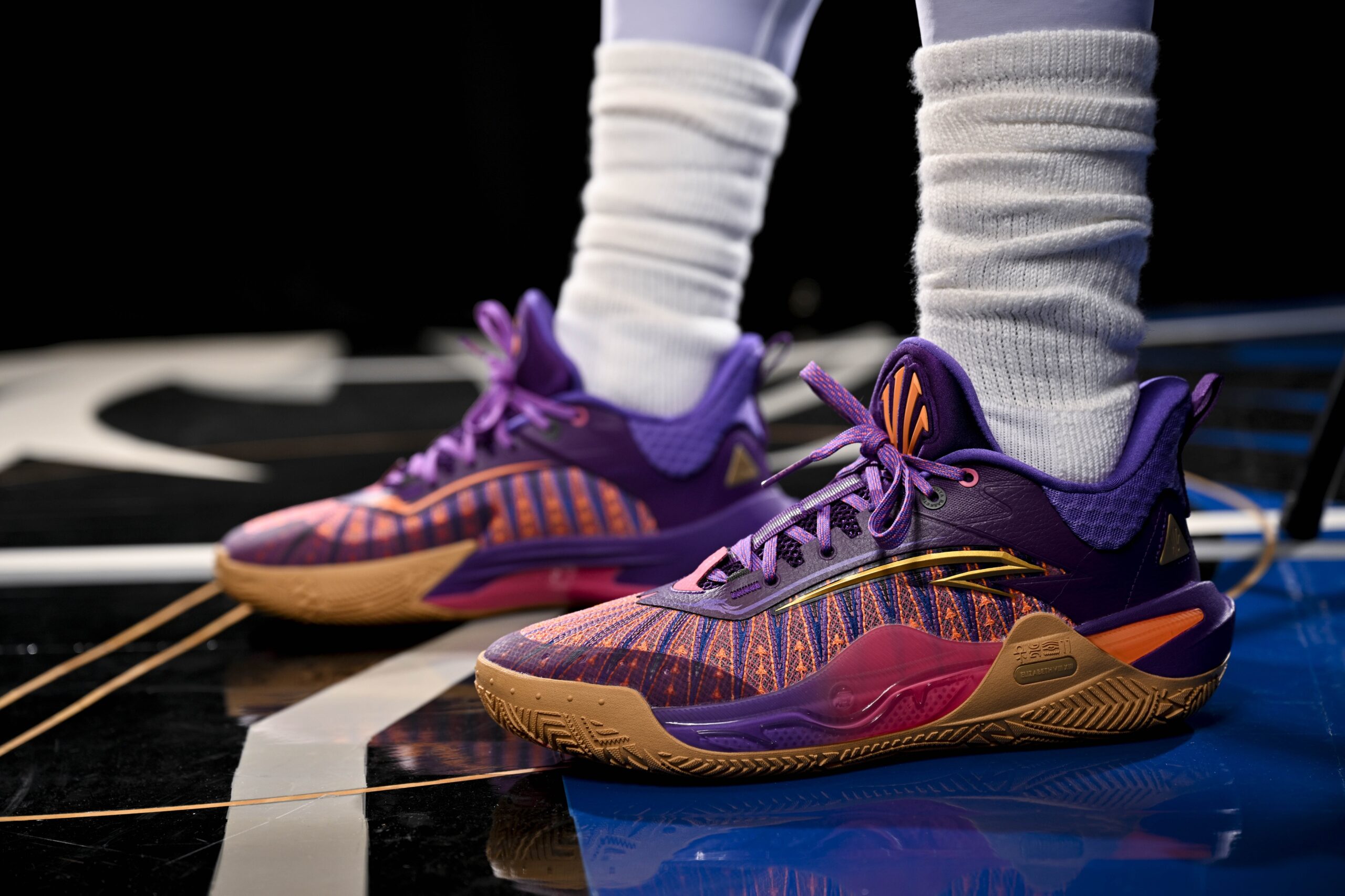 Sep 30, 2024; Dallas, TX, USA; A view of the shoes of Dallas Mavericks guard Kyrie Irving (11) as he poses for a photo during the 2024 Dallas Mavericks media day. Mandatory Credit: Jerome Miron-Imagn Images