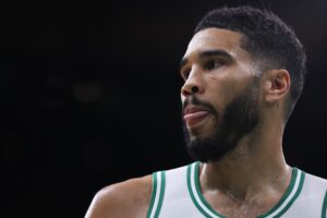 Boston Celtics forward Jayson Tatum (0) reacts during the second half against the Milwaukee Bucks at TD Garden.