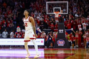 Rutgers Scarlet Knights guard Dylan Harper (2) reacts after a basket