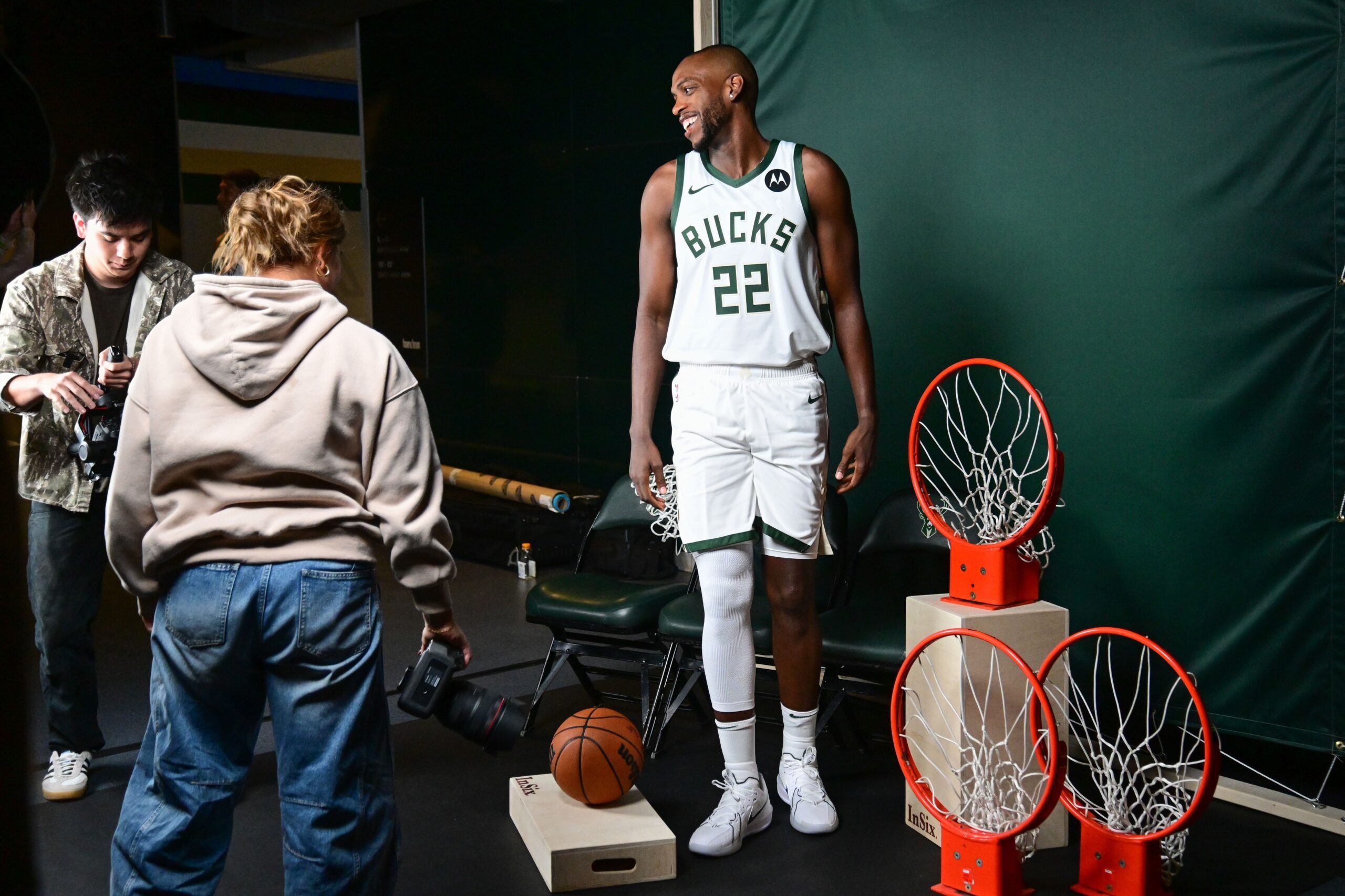 Milwaukee Bucks center Khris Middleton (22) gets ready for a photo shoot