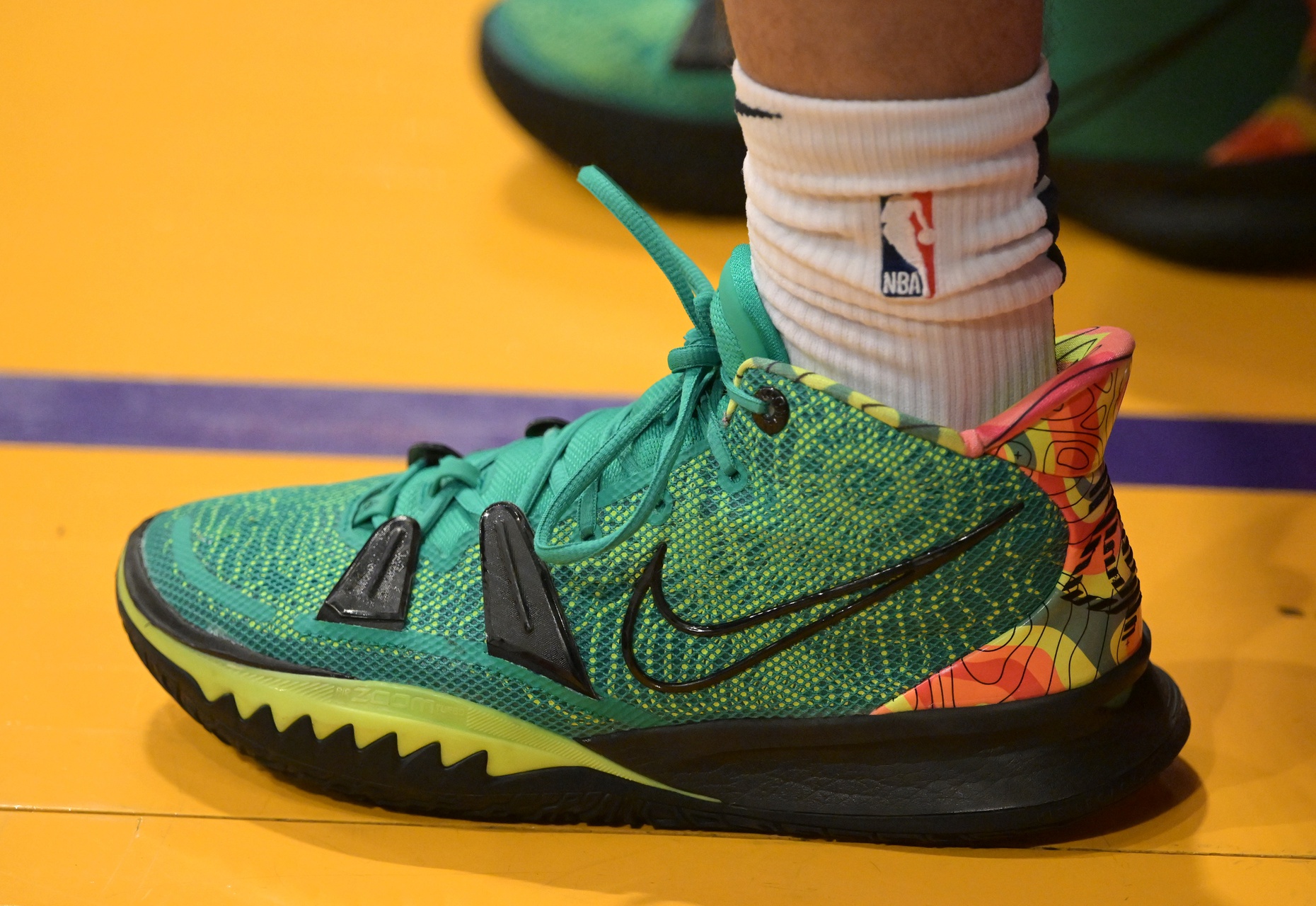 Apr 1, 2022; Los Angeles, California, USA; Detailed view of the basketball sneakers worn by New Orleans Pelicans guard Jose Alvarado (15) for the game against the Los Angeles Lakers at Crypto.com Arena. Mandatory Credit: Jayne Kamin-Oncea-USA TODAY Sports