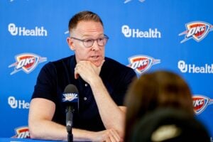 Sam Presti speaks to the press in Oklahoma City, on Tuesday, May 28, 2024.