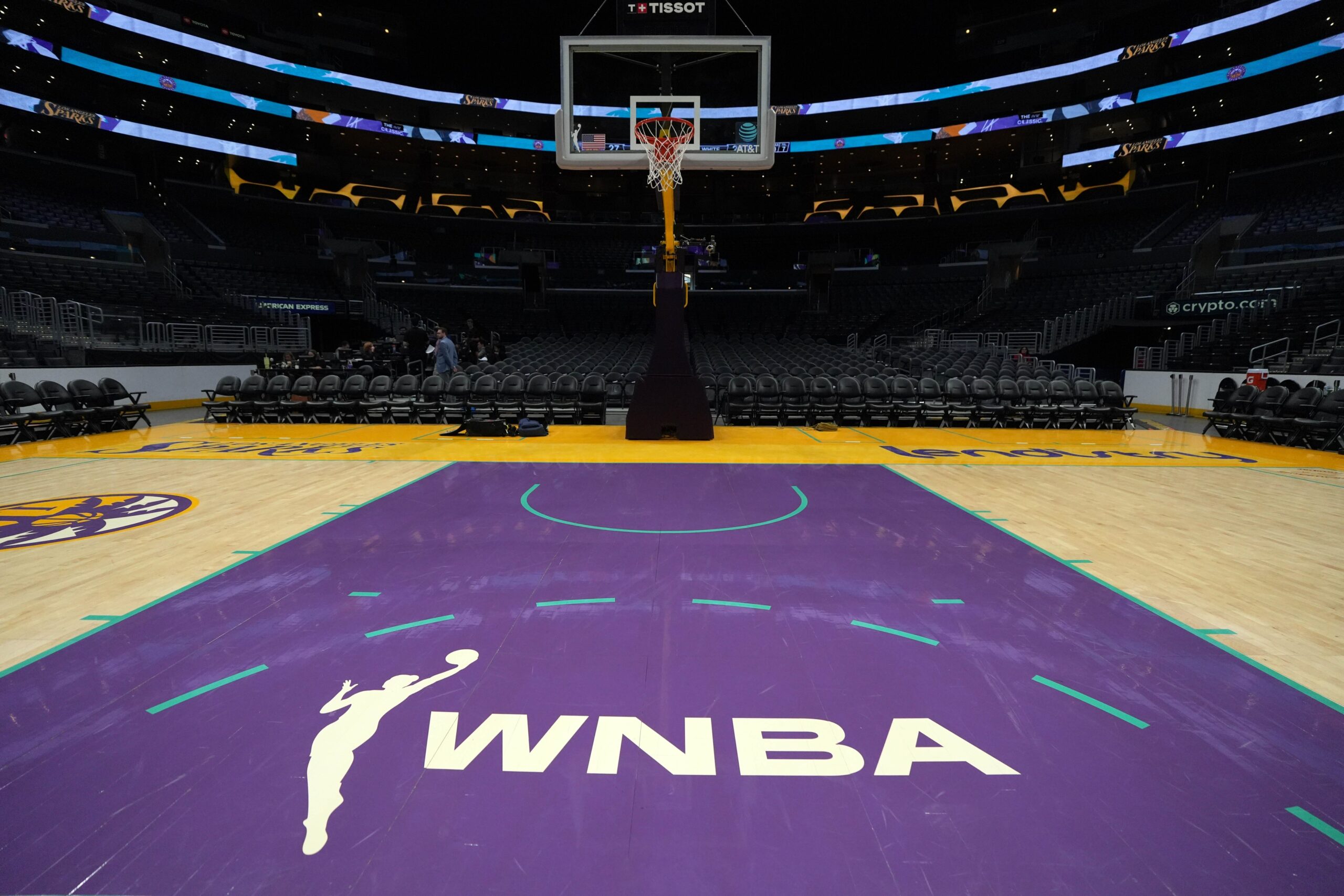 Jul 9, 2024; Los Angeles, California, USA; The WNBA logo on the court at Crypto.com Arena. Mandatory Credit: Kirby Lee-USA TODAY Sports