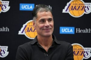 Sep 25, 2024; El Segundo, CA, USA; Los Angeles Lakers general manager Rob Pelinka at press conference at UCLA Health Training Center. Mandatory Credit: Kirby Lee-Imagn Images