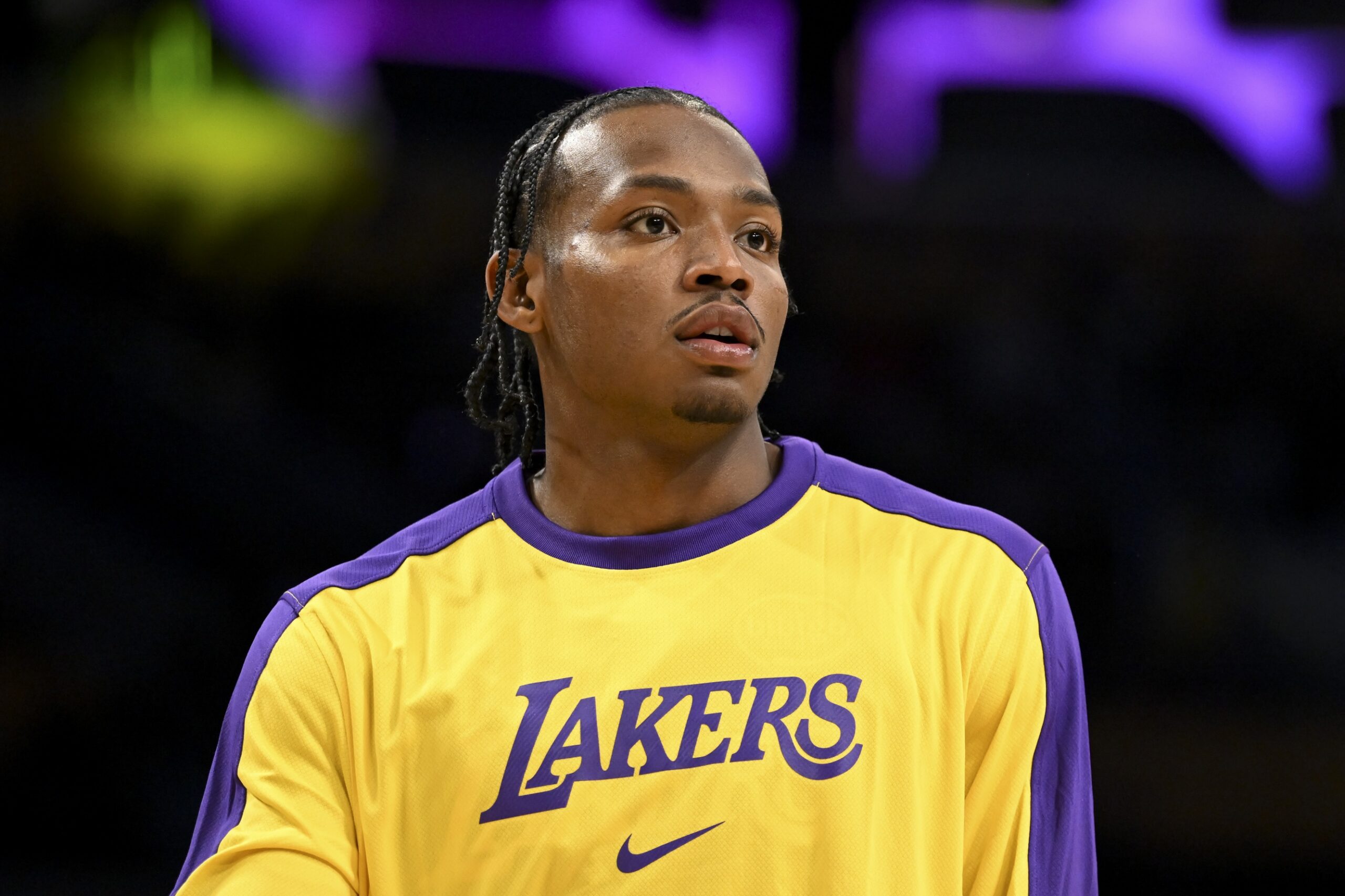 Oct 25, 2024; Los Angeles, California, USA; Los Angeles Lakers guard Quincy Olivari (41) before the game against the Phoenix Suns at Crypto.com Arena. Mandatory Credit: Jonathan Hui-Imagn Images