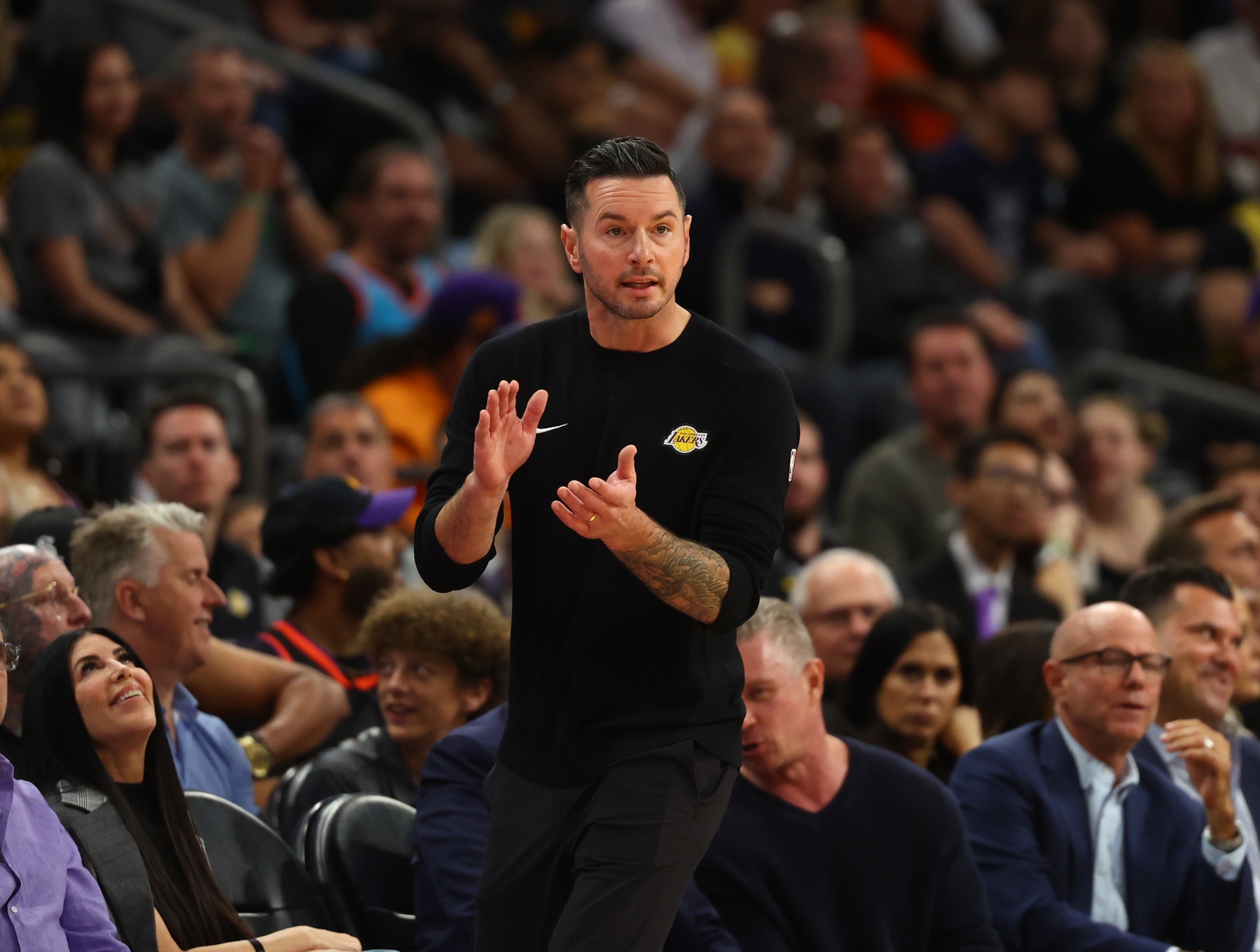 Oct 28, 2024; Phoenix, Arizona, USA; Los Angeles Lakers head coach JJ Redick against the Phoenix Suns at Footprint Center. Mandatory Credit: Mark J. Rebilas-Imagn Images