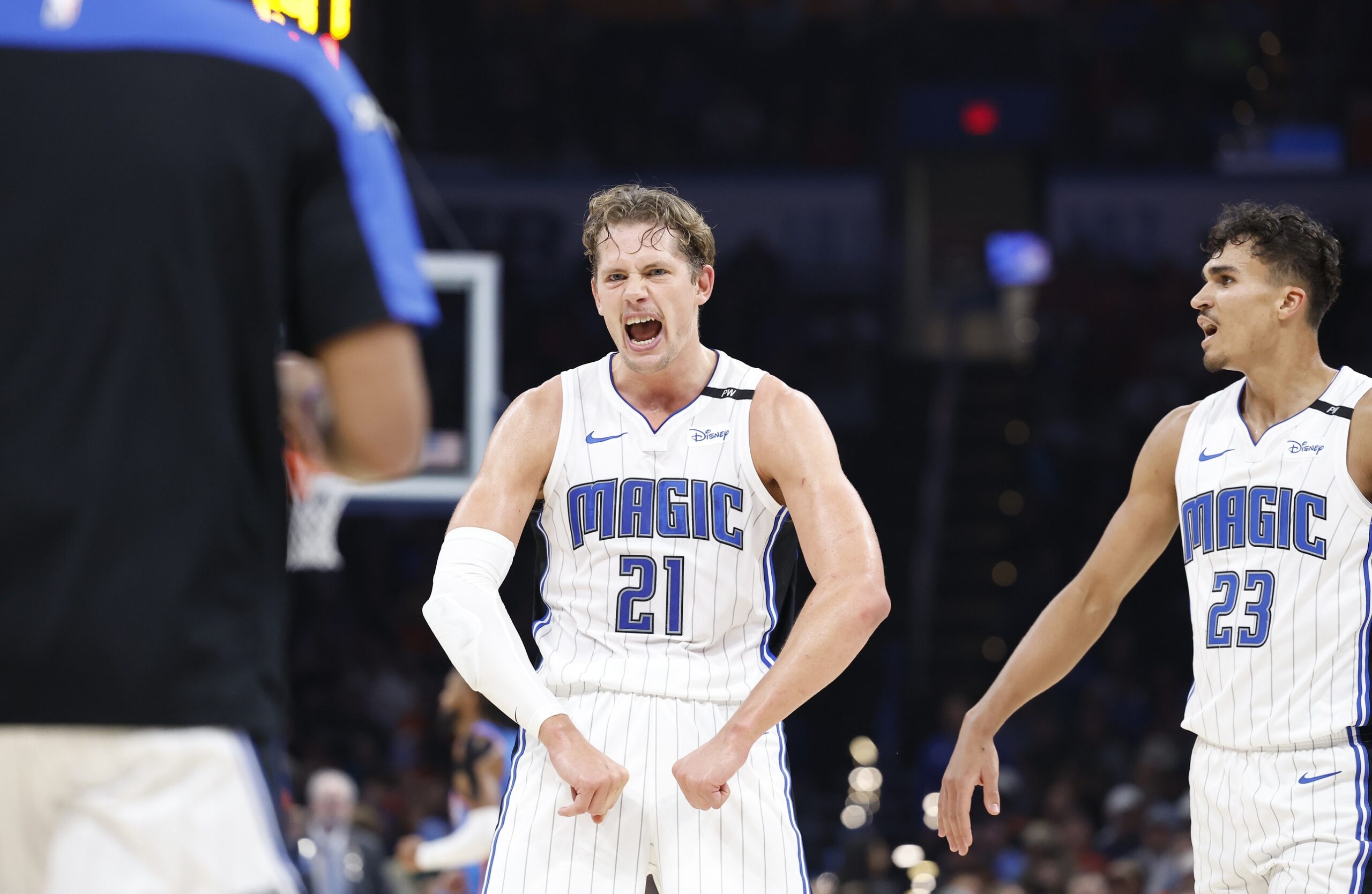 Nov 4, 2024; Oklahoma City, Oklahoma, USA; Orlando Magic center Moritz Wagner (21) reacts after play against the Oklahoma City Thunder during the second quarter at Paycom Center. Mandatory Credit: Alonzo Adams-Imagn Images