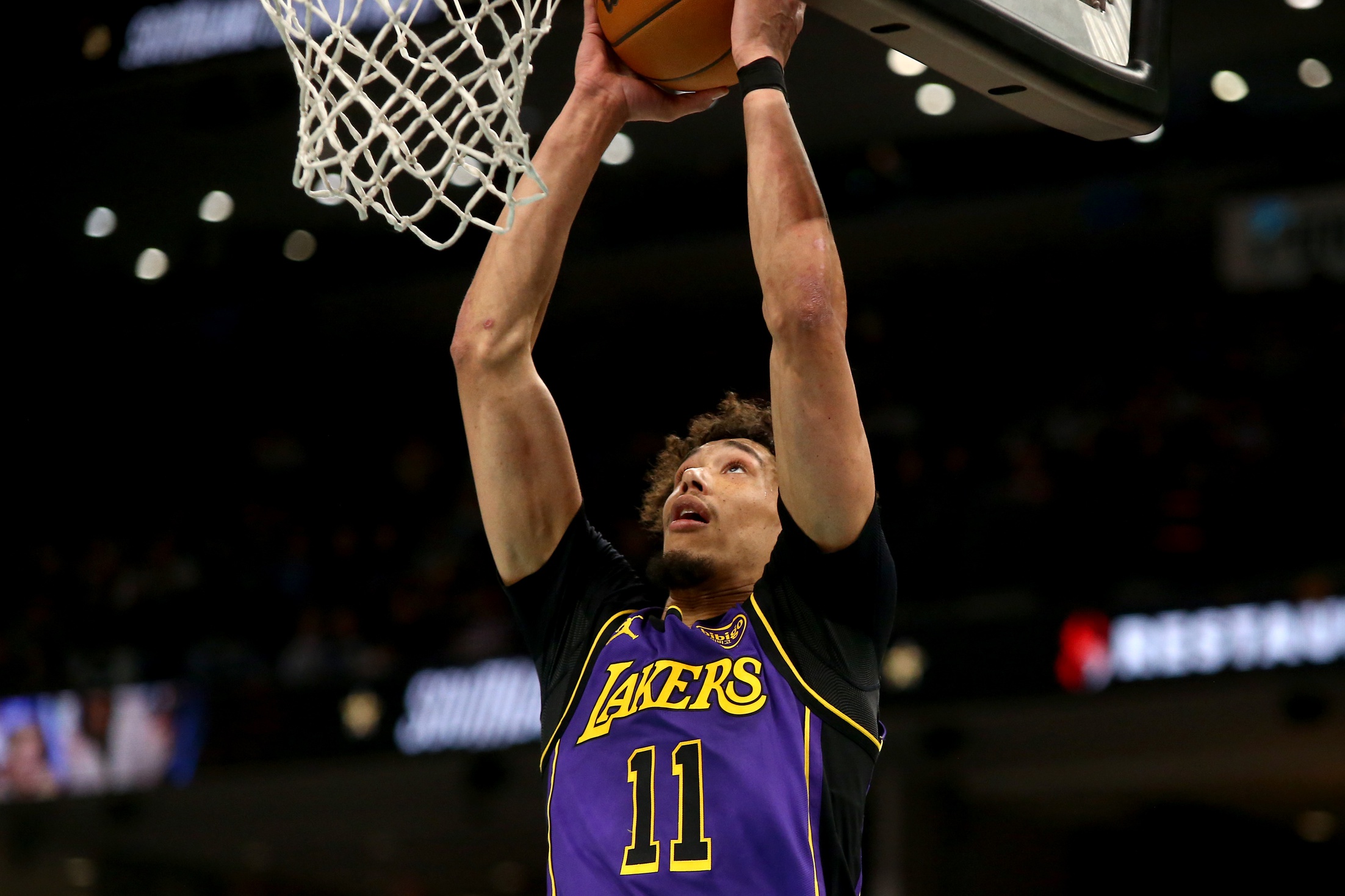 Nov 6, 2024; Memphis, Tennessee, USA; Los Angeles Lakers center Jaxson Hayes (11) dunks during the first half against the Memphis Grizzlies at FedExForum. Mandatory Credit: Petre Thomas-Imagn Images