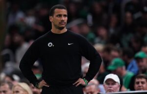 Nov 12, 2024; Boston, Massachusetts, USA; Boston Celtics head coach Joe Mazzulla watches from the sideline as they take on the Atlanta Hawks at TD Garden. Mandatory Credit: David Butler II-Imagn Images Al Horford