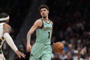 Nov 16, 2024; Charlotte, North Carolina, USA; Charlotte Hornets guard LaMelo Ball (1) during the second half against the Milwaukee Bucks at Spectrum Center. Mandatory Credit: Jim Dedmon-Imagn Images