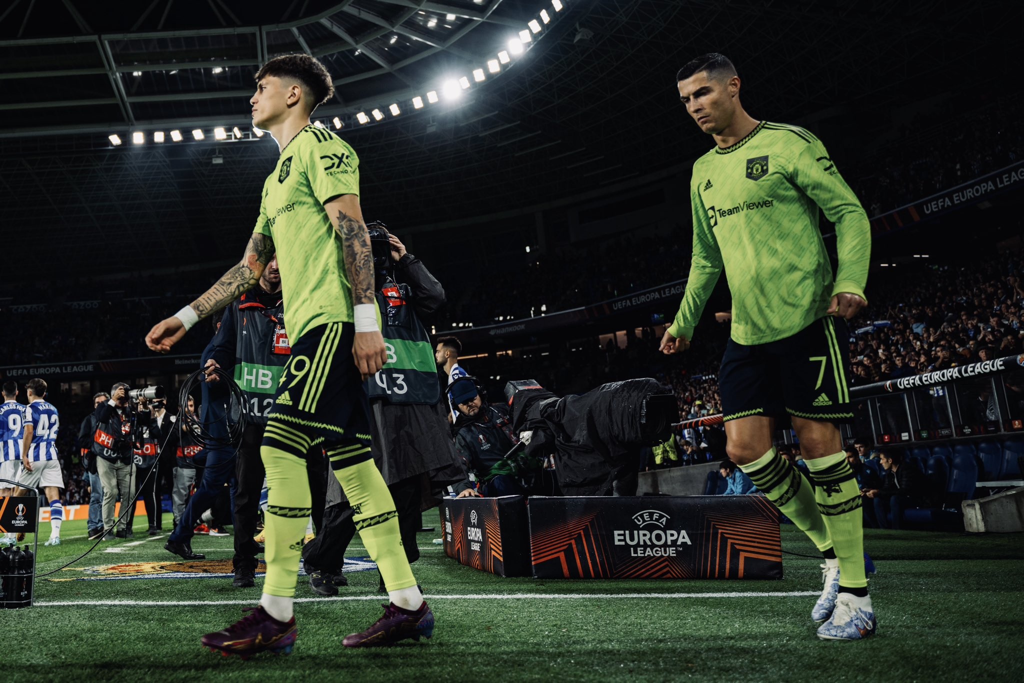 Cristiano Ronaldo follows Alejandro Garnacho out of the tunnel in the Europa League.