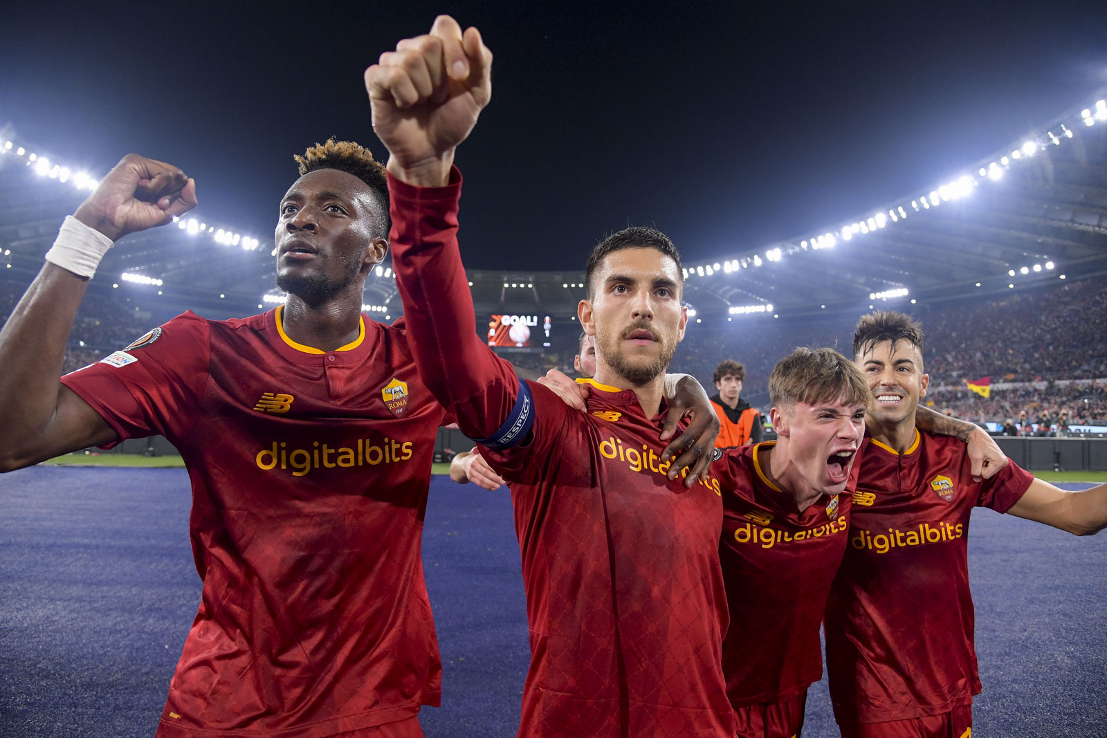 Striker Tammy Abraham celebrates with his Roma teammates