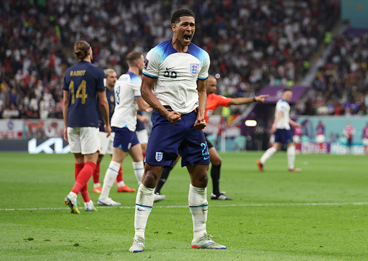 Jude Bellingham, who tops our list of the 10 best English players currently at foreign clubs, celebrating during England vs France