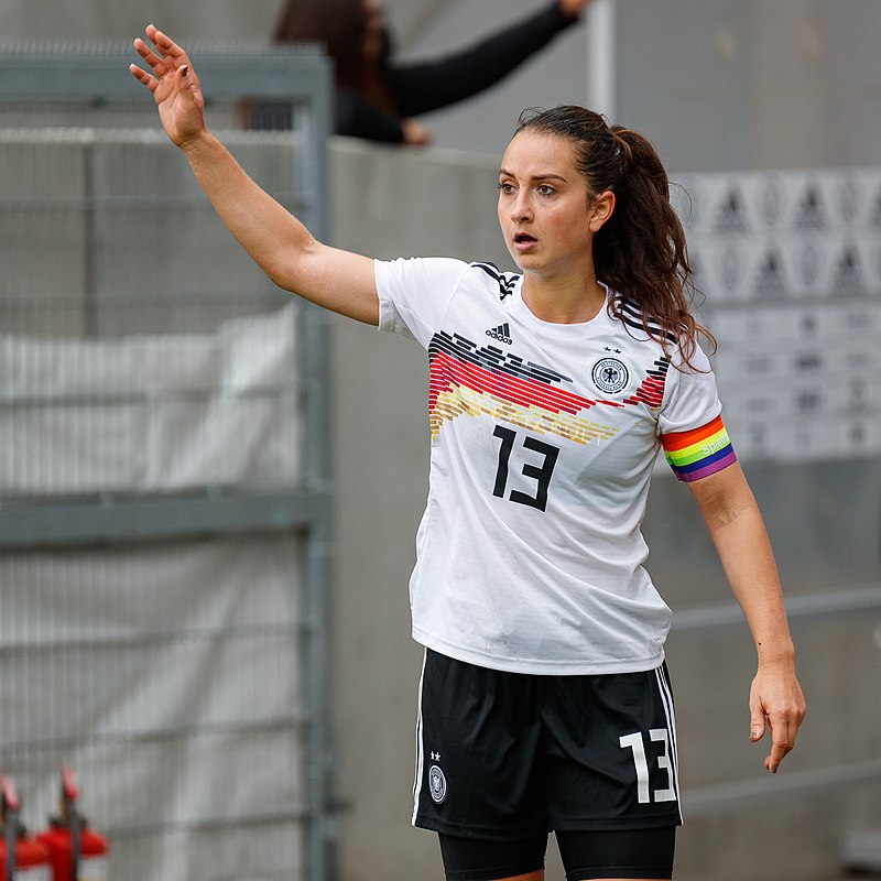 Sara Dabritz, photographed by Steffen Prößdorf. https://en.wikipedia.org/wiki/Sara_D%C3%A4britz#/media/File:2021-09-21_Fussball,_Frauen,_L%C3%A4nderspiel,_Deutschland_-_Serbien_1DX_5012_by_Stepro.jpg CC BY-SA 4.0 https://creativecommons.org/licenses/by-sa/4.0