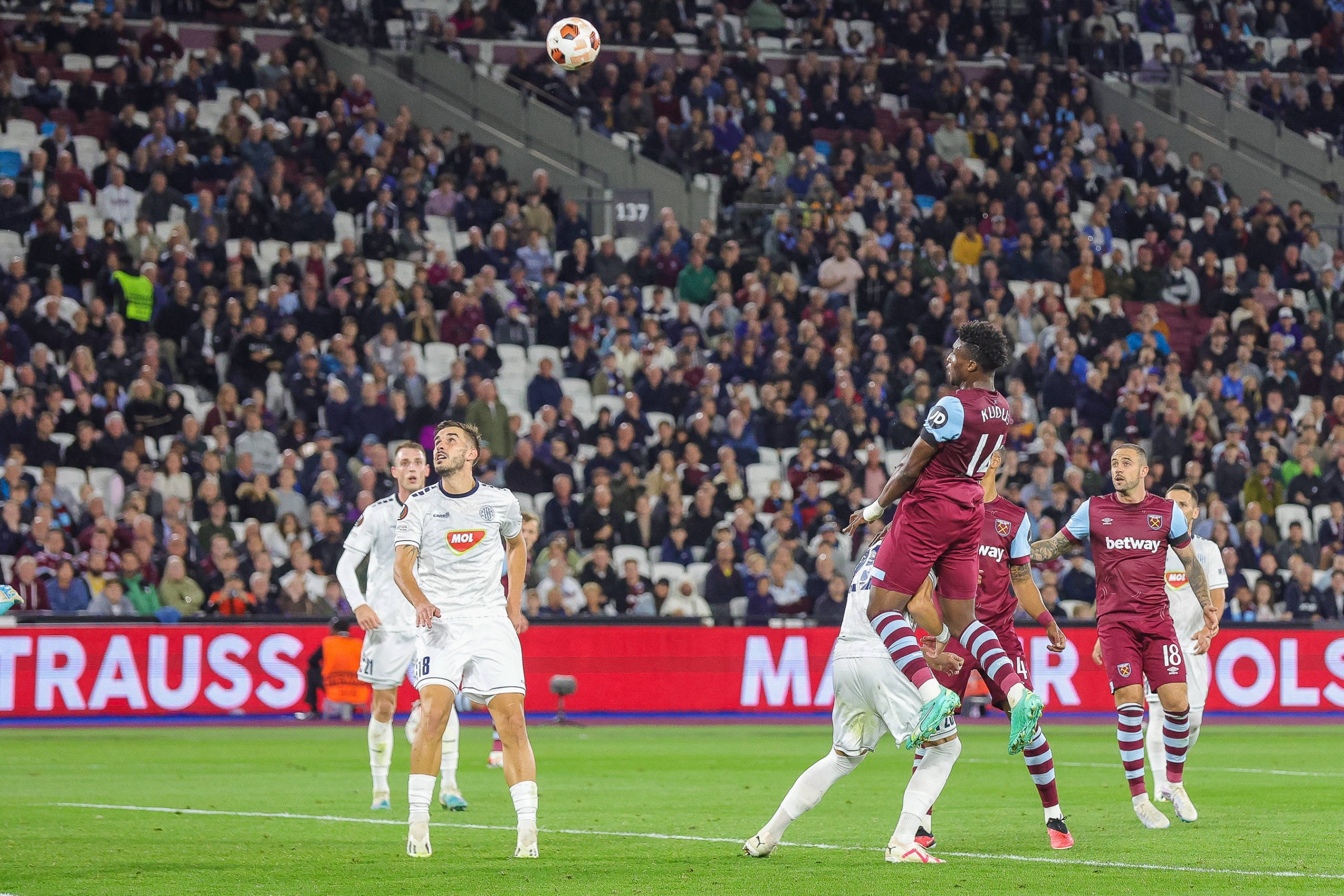 West Ham United midfielder Mohammed Kudus (14) heads the ball wide during the Europa League match between West Ham United and FC Backa