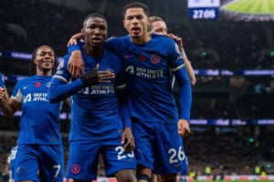 Chelsea players celebrate a disallowed goal from Moises Caicedo