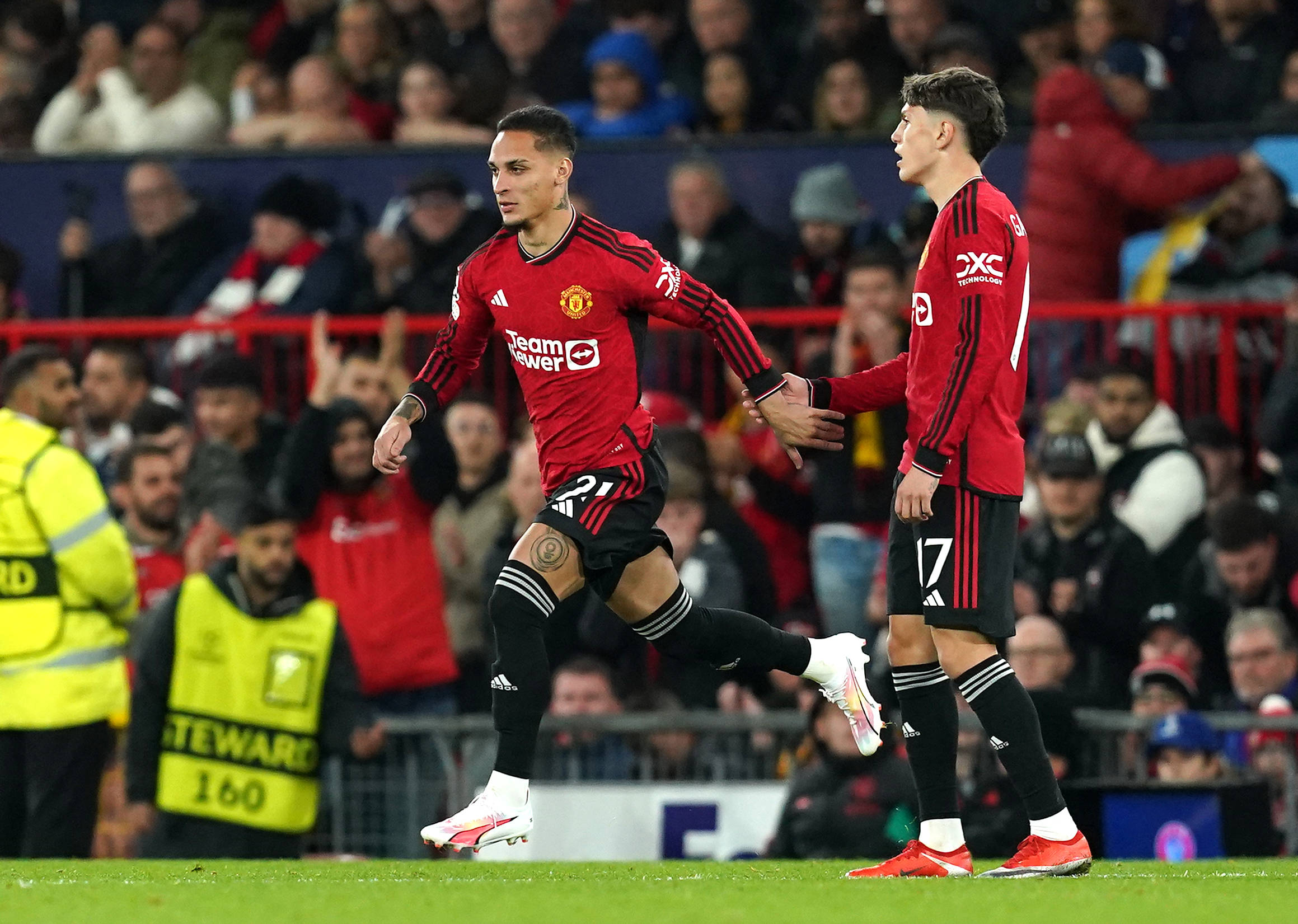 Alejandro Garnacho and Antony in action for Manchester United against Galatasaray in the UEFA Champions League.