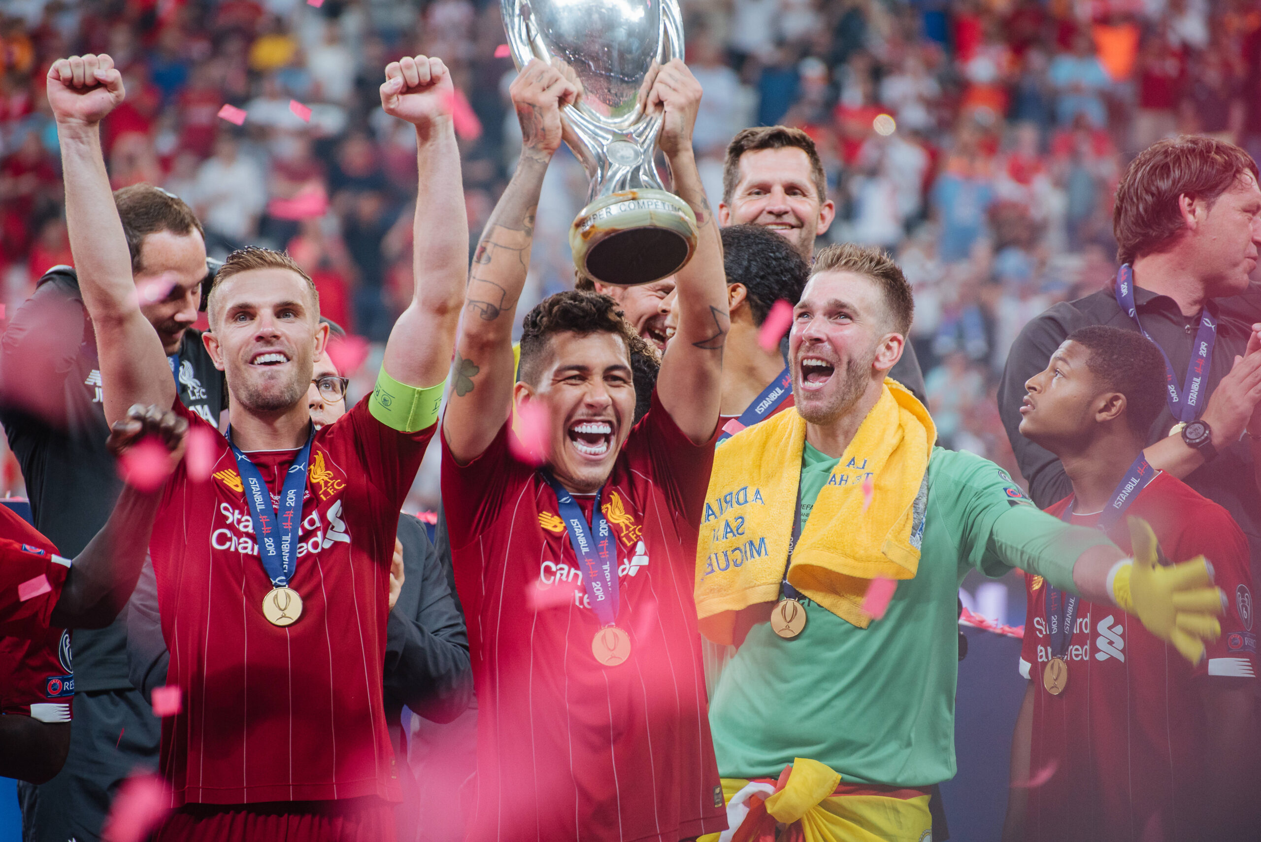 Liverpool players celebrate UEFA Super Cup win