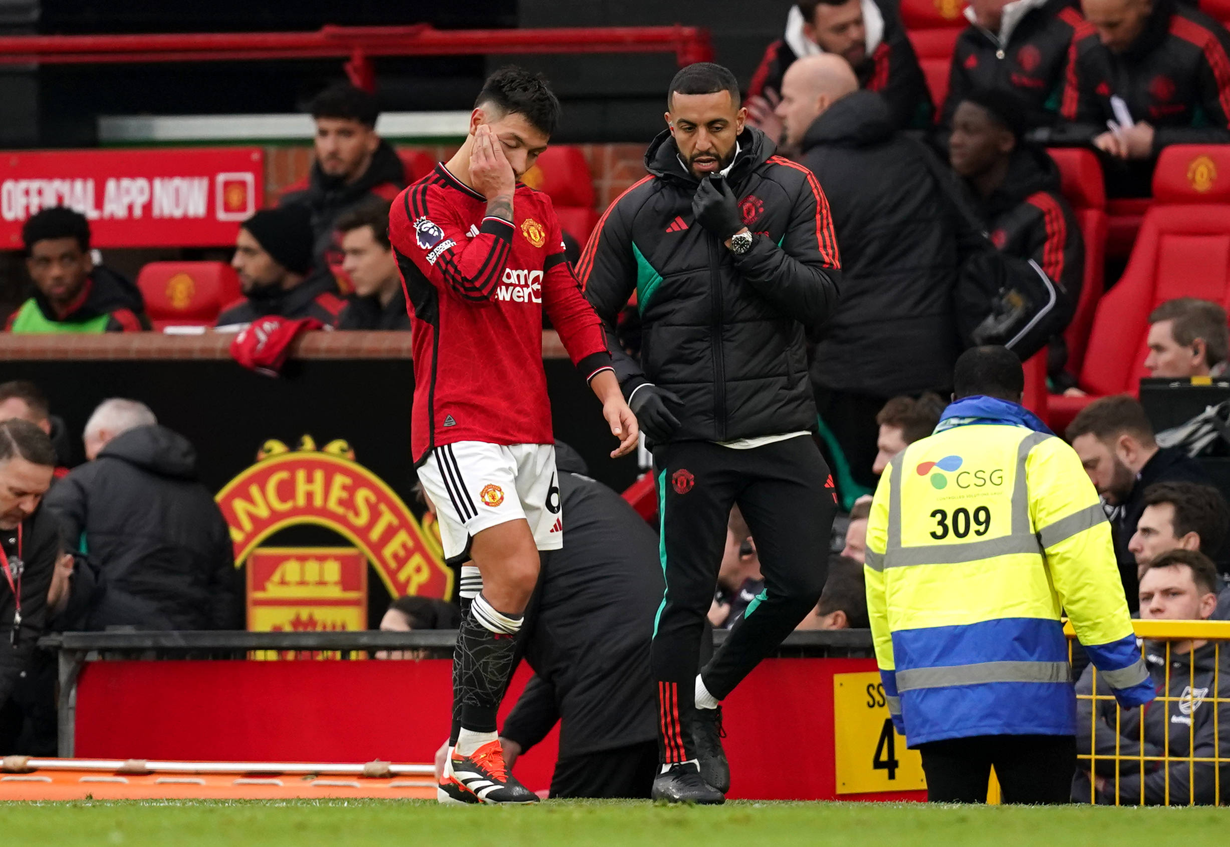 Manchester United's Lisandro Martinez hobbles off during 3-0 victory over West Ham United