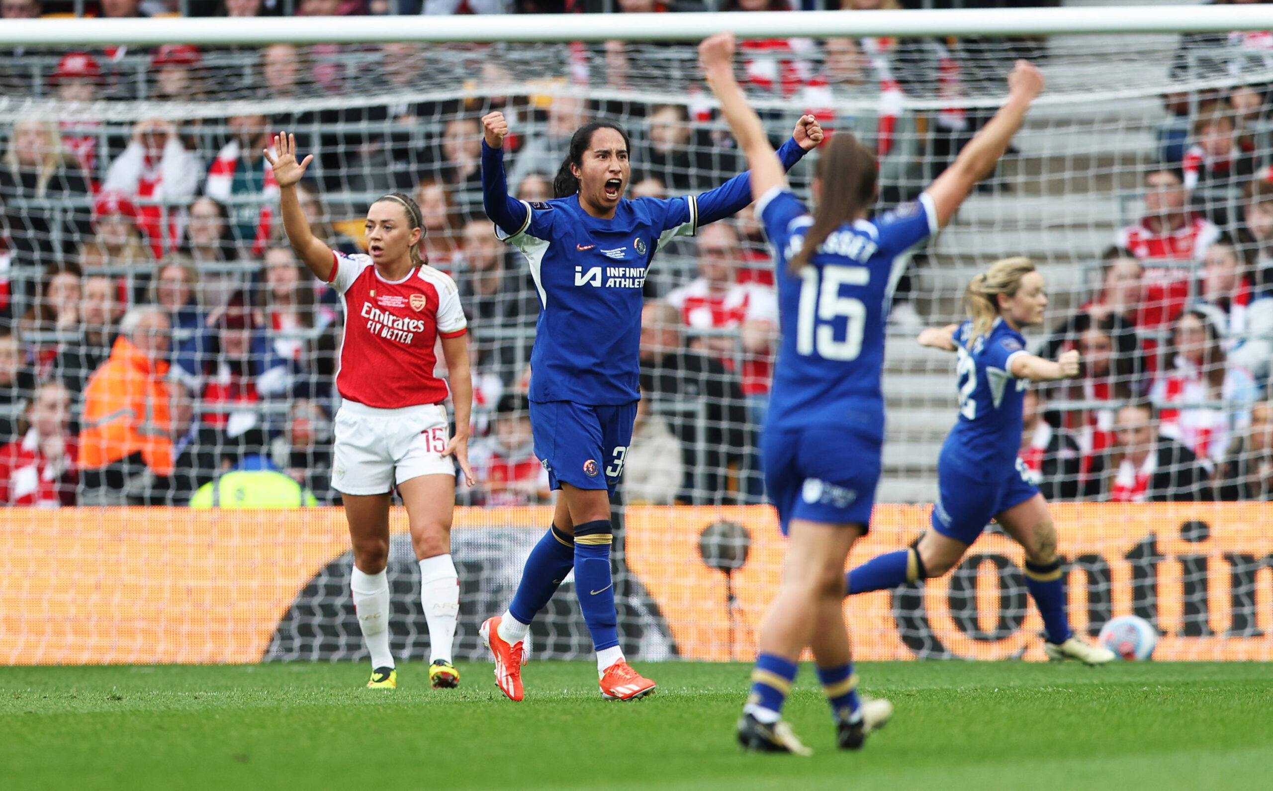 Chelsea Women players Mayra Ramirez, Erin Cuthbert, and Eve Perisset celebrate disallowed goal against Arsenal