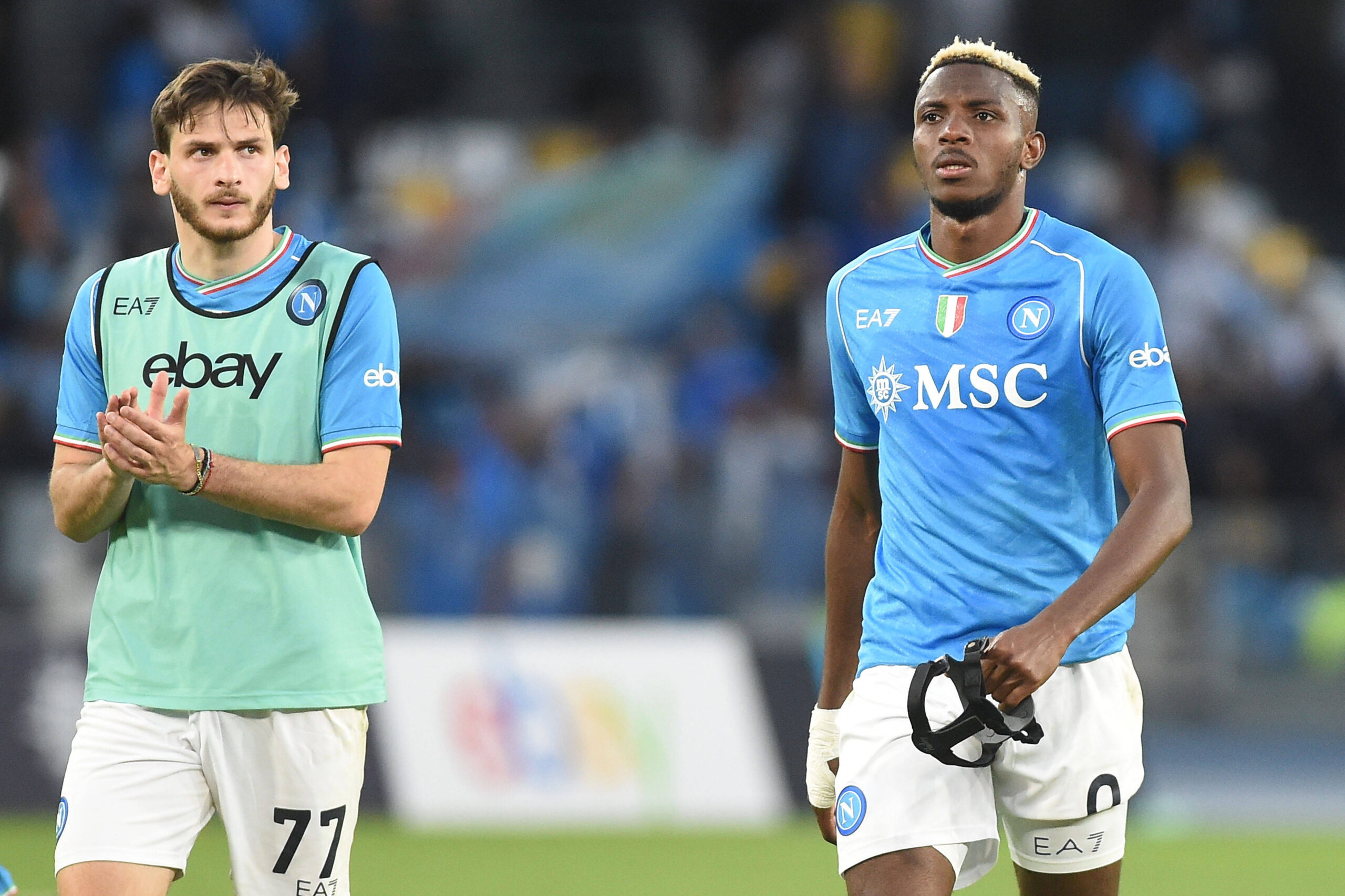 Victor Osimhen and Kvicha Kvaratskhelia leave the pitch for Napoli