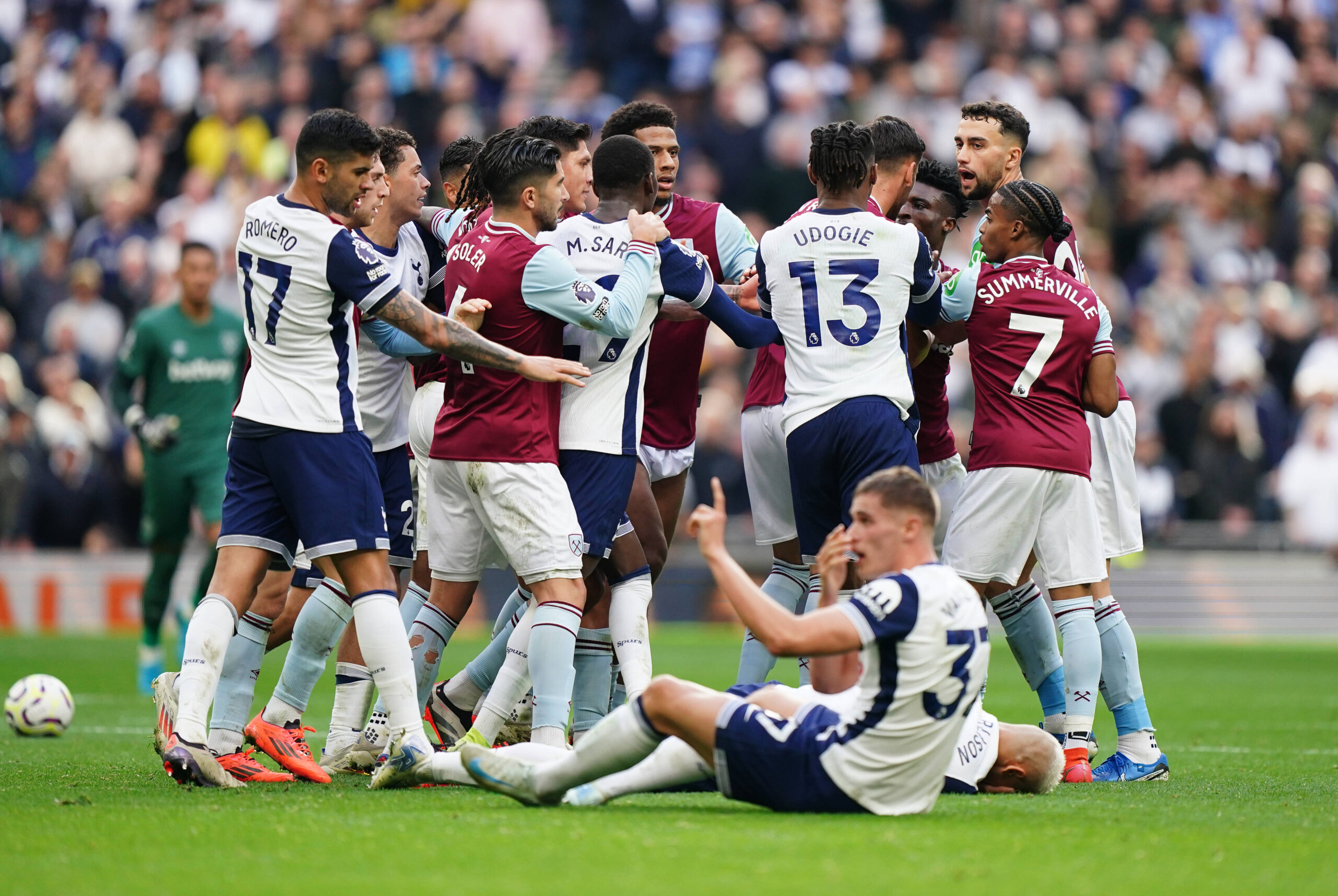 Tottenham Hotspur players clash with West Ham after Kudus shoves Van de Ven to floor