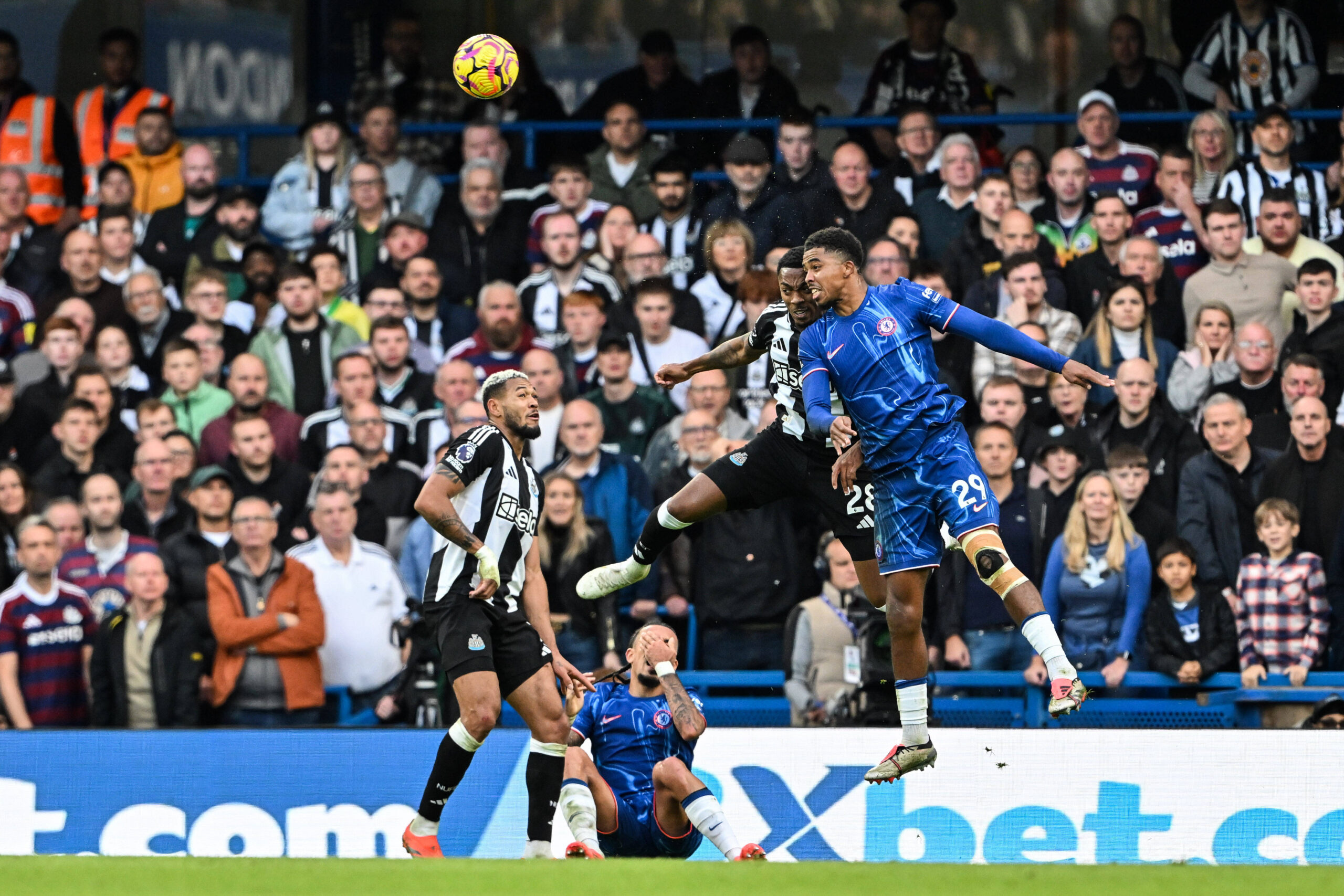 Wesley Fofana clears ball with head in Chelsea vs Newcastle United Premier League match