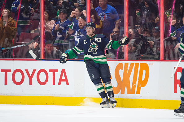 VANCOUVER, CANADA - DECEMBER 27: Bo Horvat #53 of the Vancouver Canucks celebrates scoring a goal against the San Jose Sharks during the third period at Rogers Arena on December 27, 2022 in Vancouver, British Columbia, Canada. The Canucks won 6-2. (Photo by Derek Cain/Getty Images)