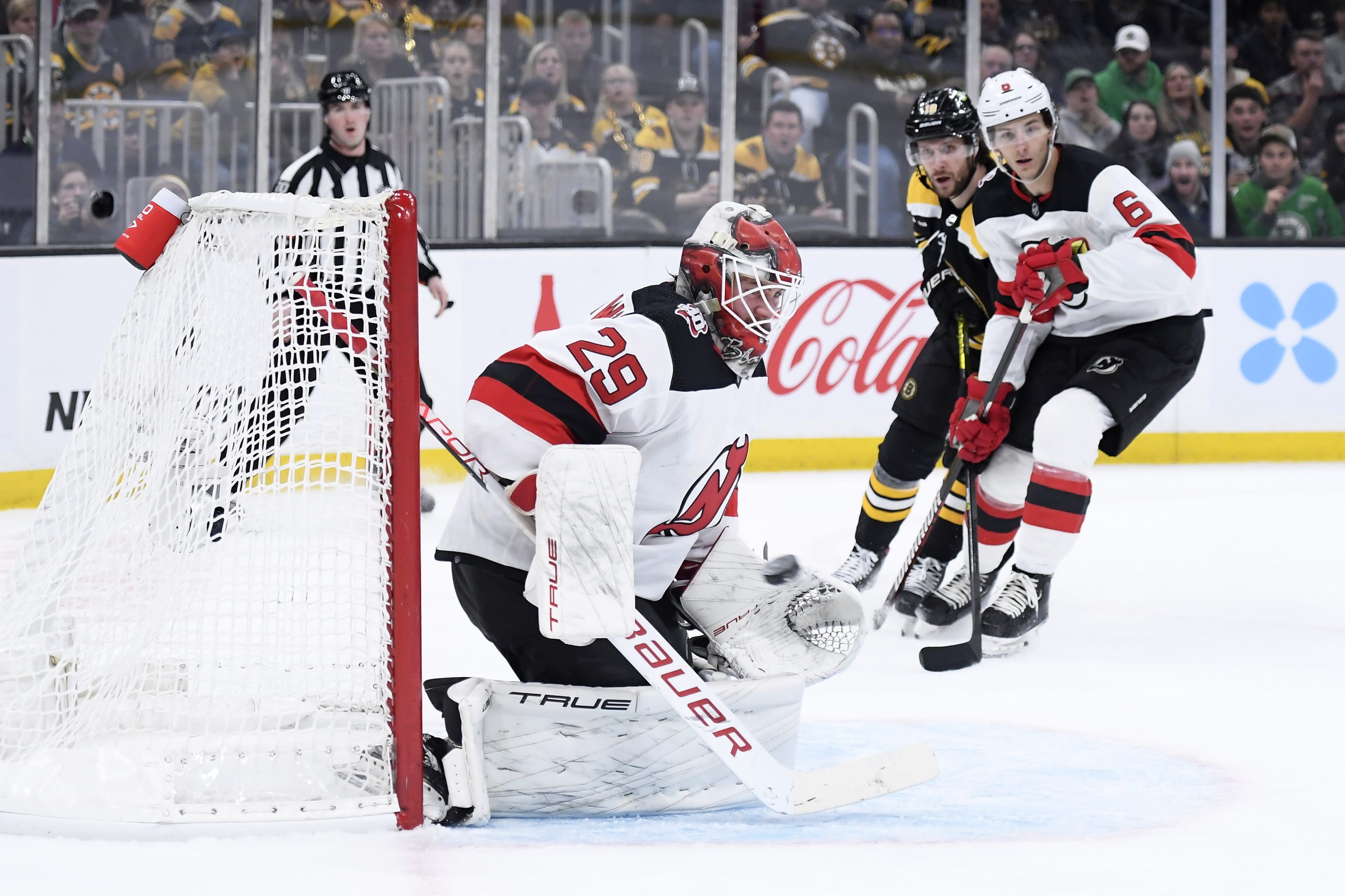 Mackenzie Blackwood makes a save.