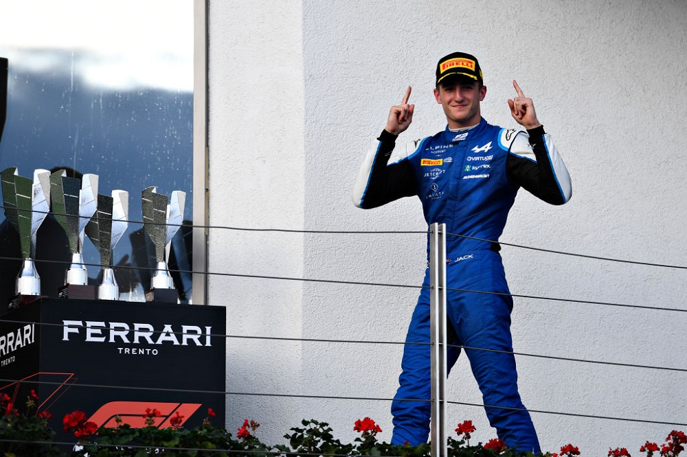 BUDAPEST, HUNGARY - JULY 30: Race winner Jack Doohan of Australia and Virtuosi Racing (3) celebrates on the podium during the Round 10:Budapest Sprint race of the Formula 2 Championship at Hungaroring on July 30, 2022 in Budapest, Hungary. (Photo by Rudy Carezzevoli - Formula 1/Formula Motorsport Limited via Getty Images)