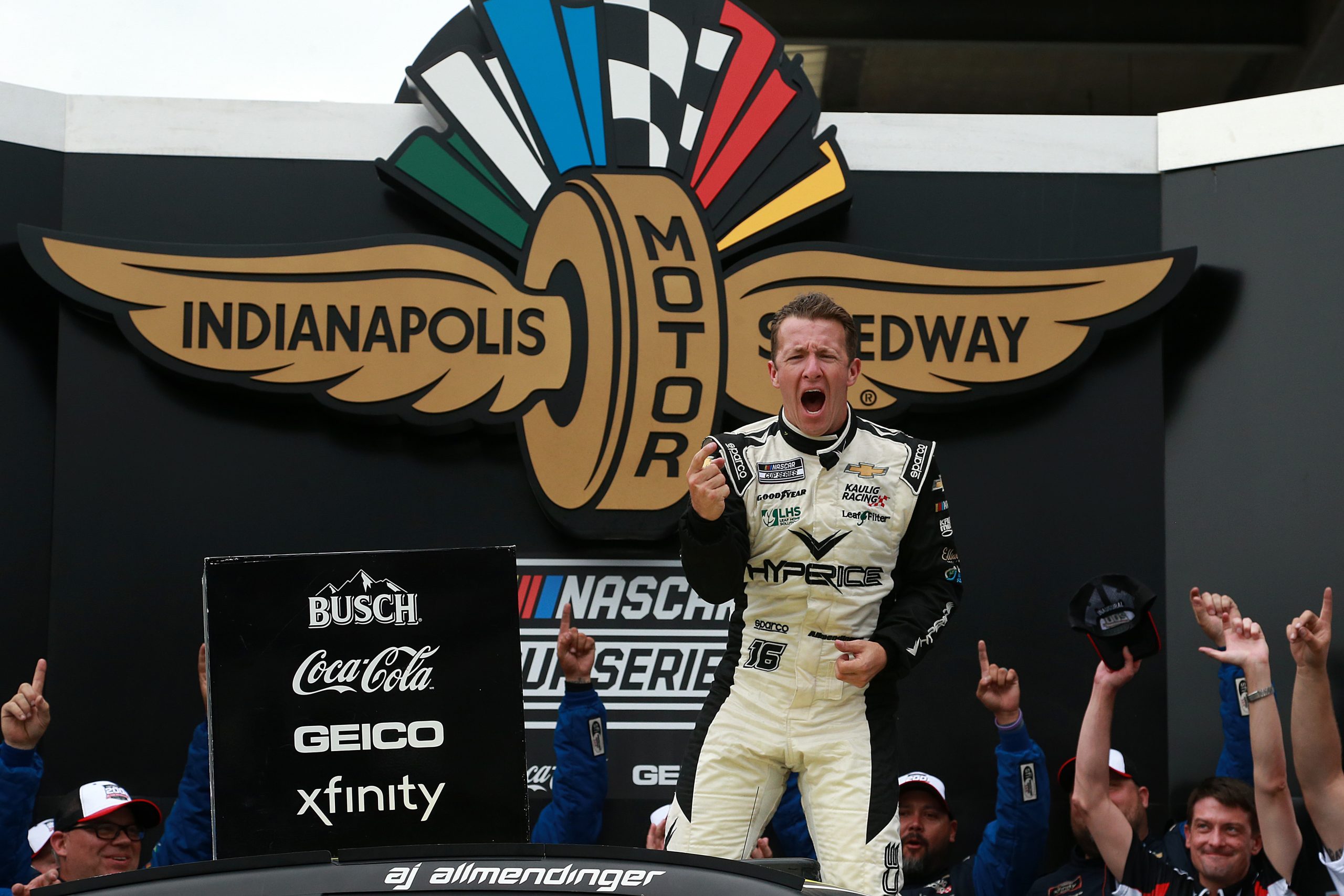 A.J. Allmendinger celebrates his win at the 2021 Verizon 200 at Indianapolis Motor Speedway