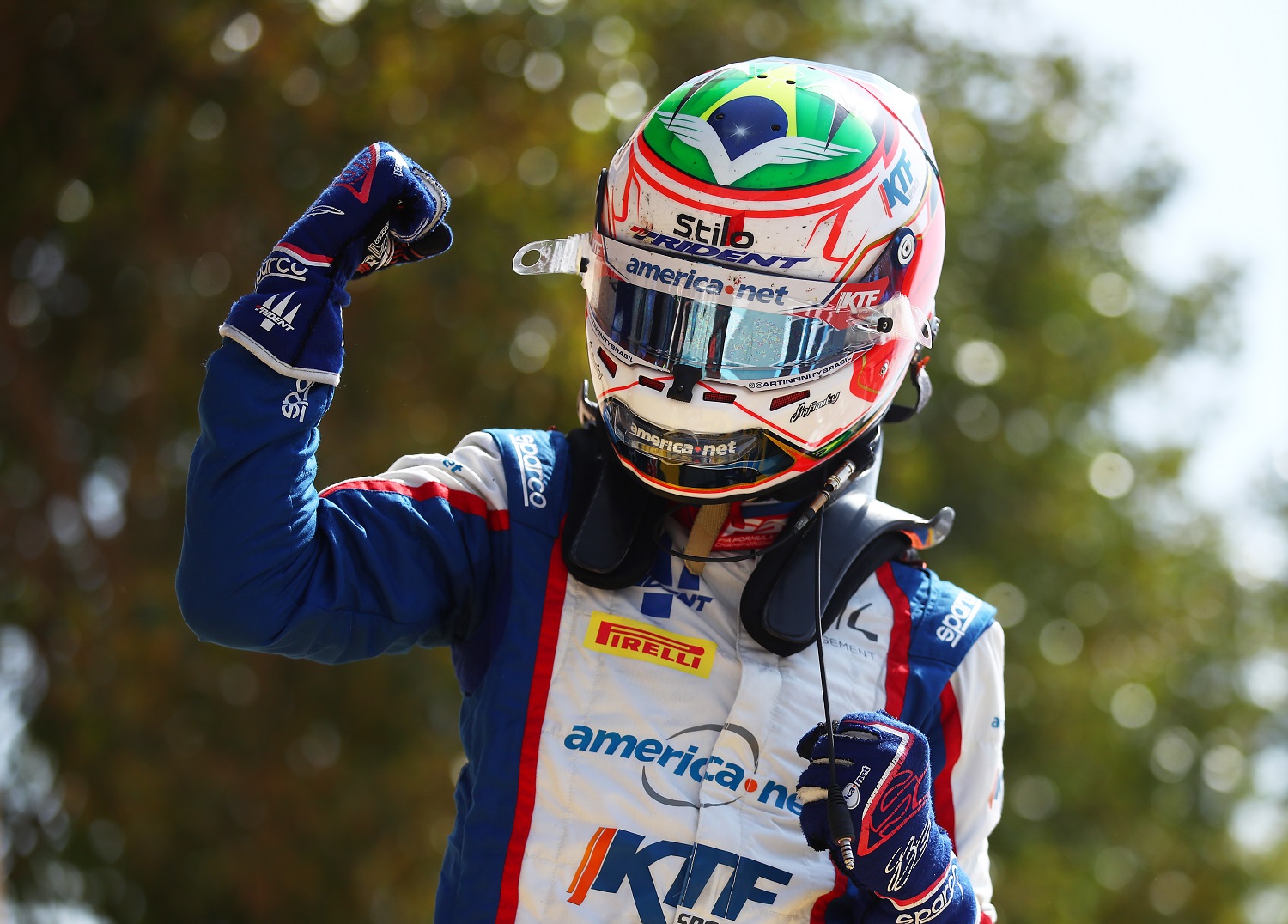 Formula 3 - Trident's Gabriel Bortoleto winning the F3 Feature Race in Bahrain.