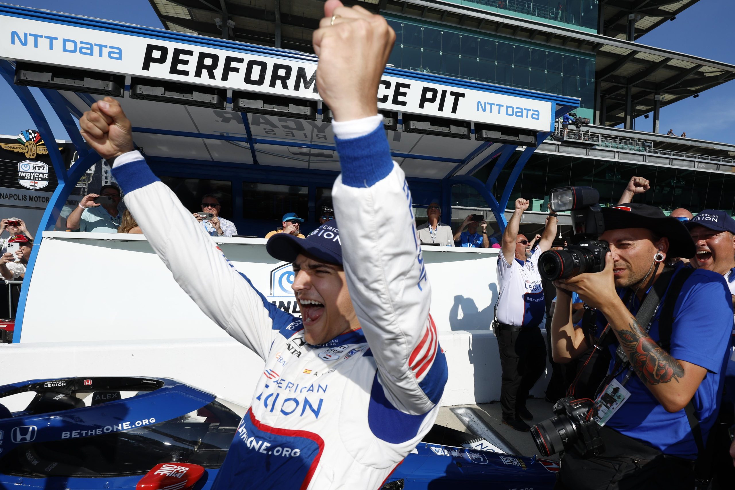 Chip Ganassi Racing's Alex Palou celebrates winning the Indianapolus 500 pole at Indianapolis Motor Speedway in Speedway, Indiana. (Chris Jones/Penske Entertainment)